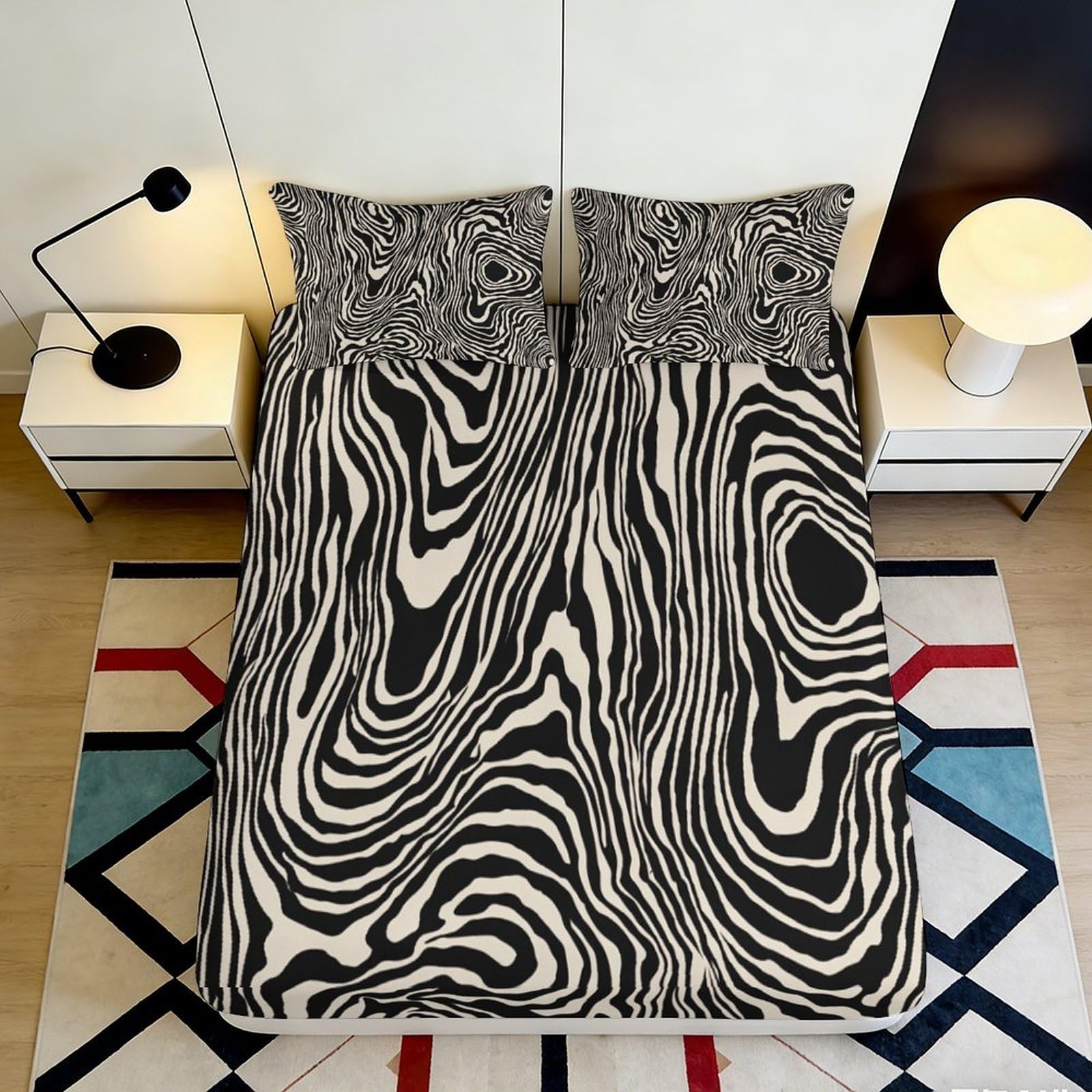 3D Printed Zebra Pattern Fitted Sheet Microfiber Soft Durable Abstract Lines Bed Cover for Bedroom Dormitory Guest Room Mattress Protection 200x200x25cm