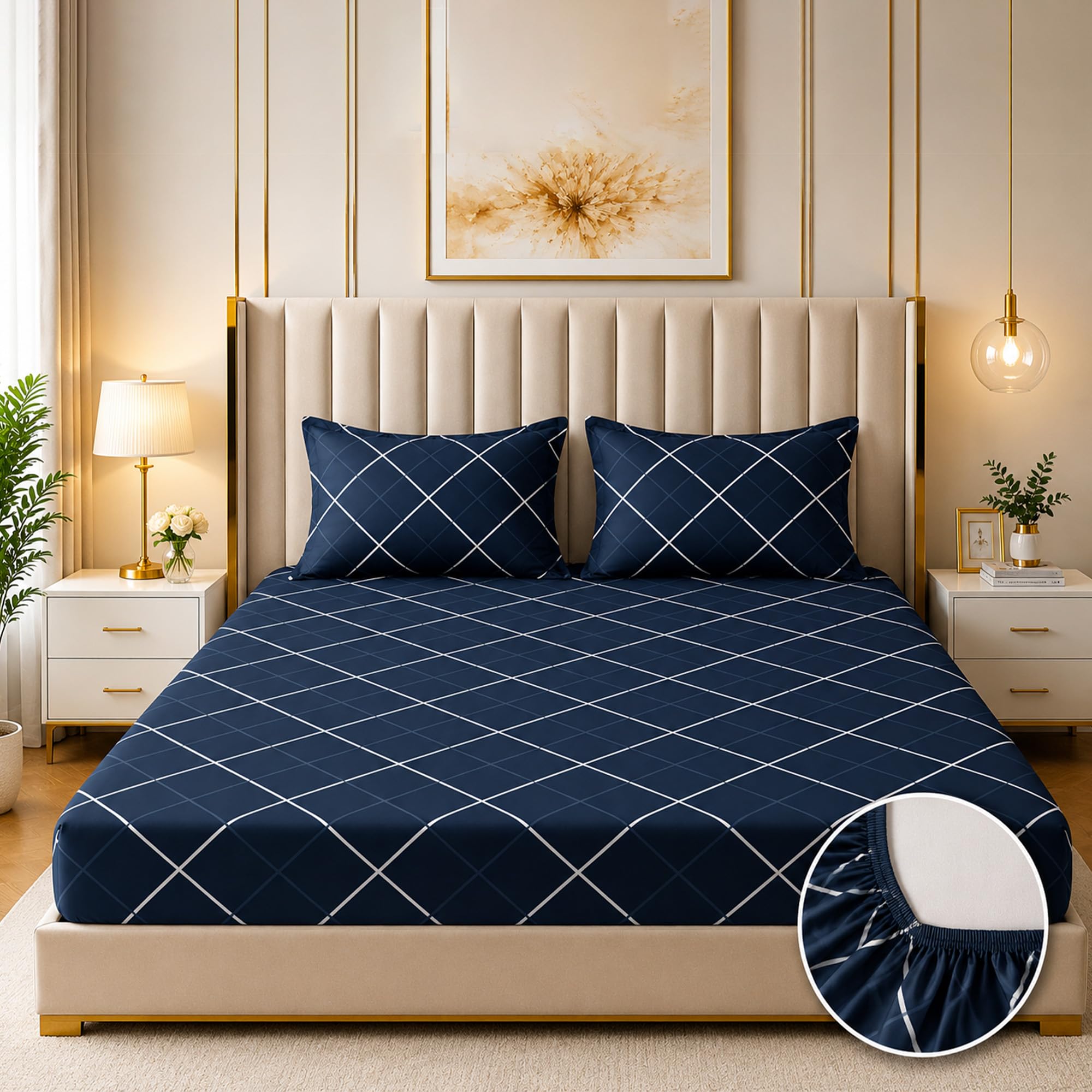 GADDA CO Glace Cotton Fitted Sheet - Queen Size, Dark Blue -1