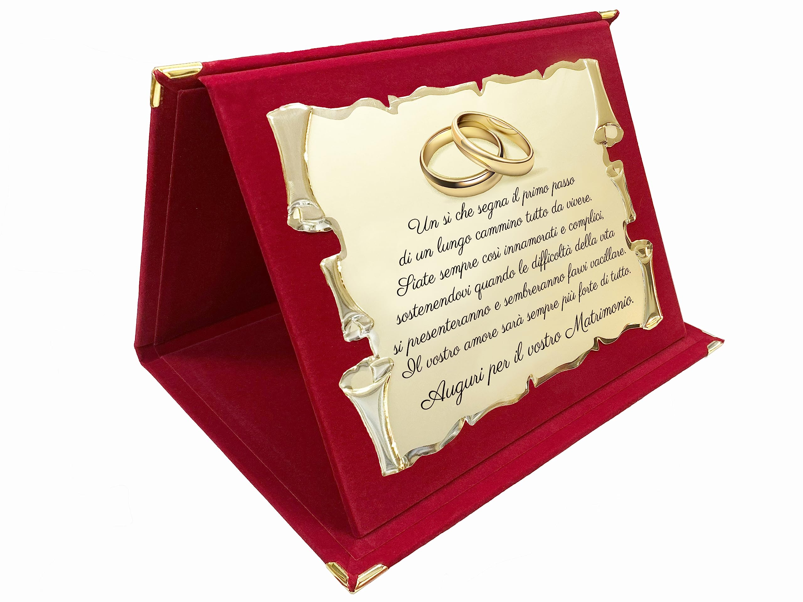 Regalo Matrimonio | Targa per Matrimonio | Pergamena Dorata in Alluminio su Cofanetto Velluto Rosso | Regalo Sposi