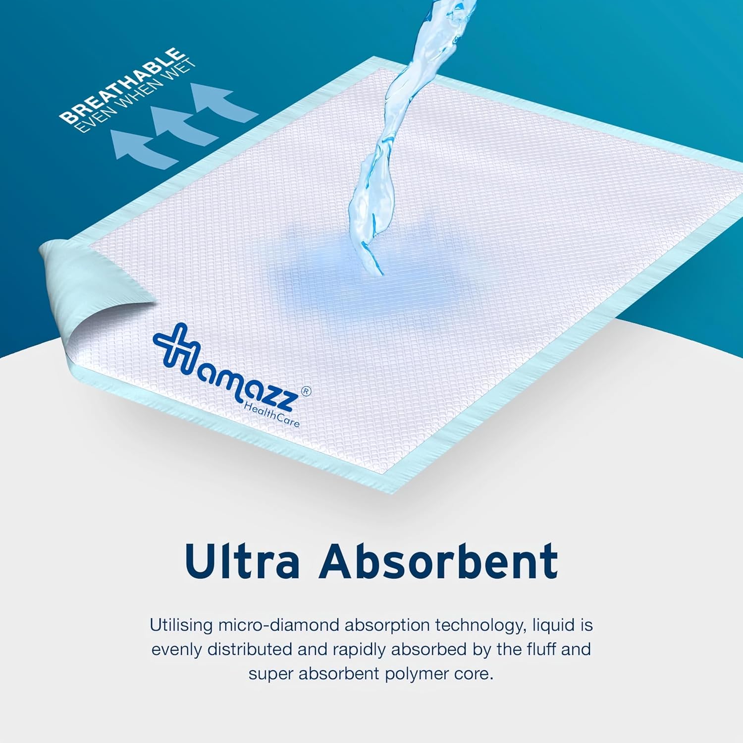 Surzimed premium disposable underpad by HAMAZZ Healthcare, large 60 x 90 cm, 100 count. Super exploitative polymer | Soft surface for children and adults. 4-Curner adhesive silicone release tape