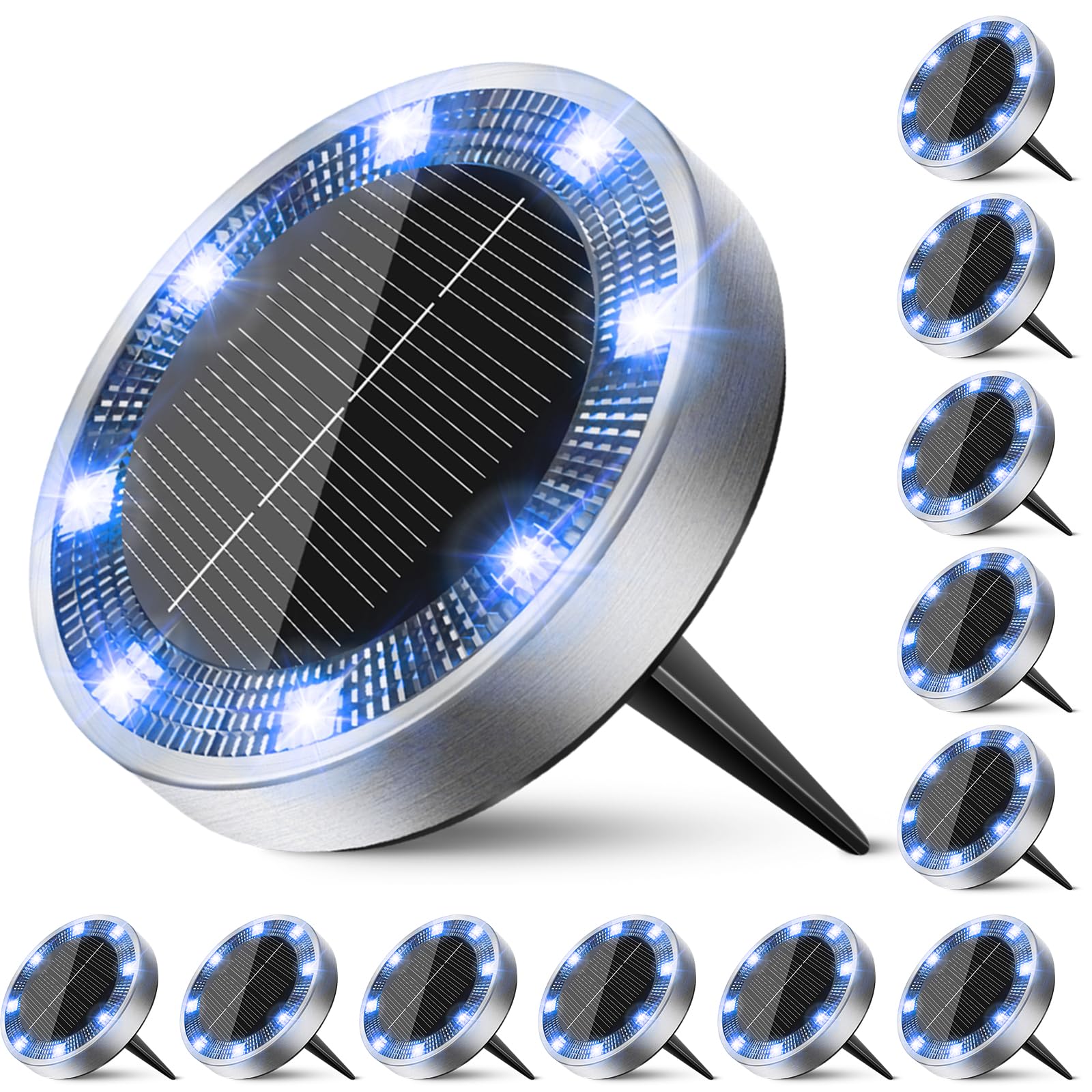 Peasur Solar Ground Lights Outdoor, 12 Pack Flat Solar Powered Disc Lights, IP68 Waterproof, Anti-Rust, Landscape Lighting for Pathway Garden Yard Lawn Walkway Landscape Driveway, Blue