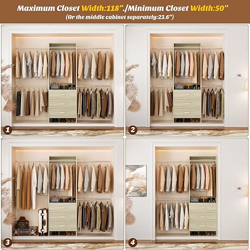 Miniatura 6 de Aheaplus Sistema de armario, organizador de armario con 3 cajones de madera, sistema organizador de armario, perchero con 4 varillas para colgar,