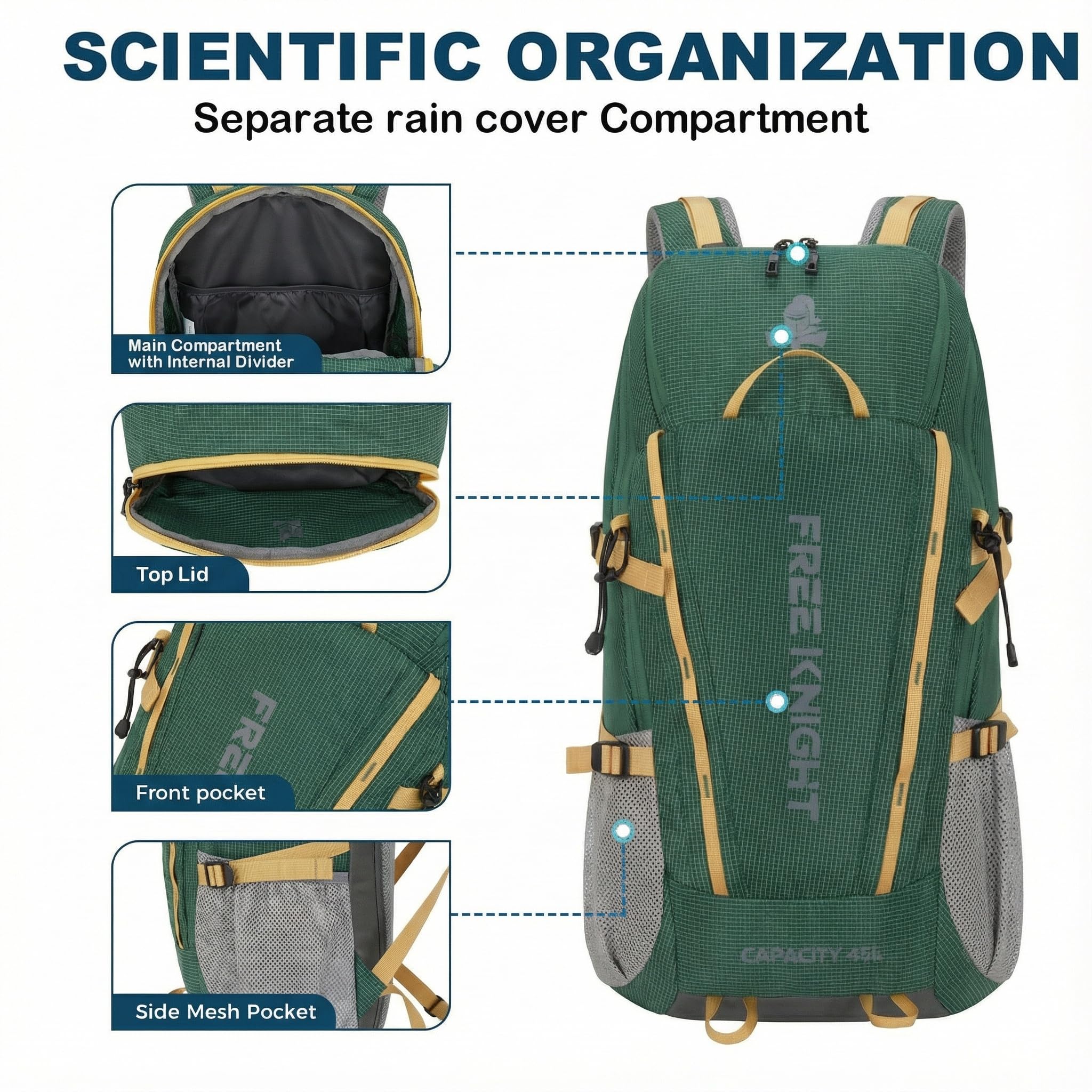 Bseash Zaino da campeggio impermeabile da 45 litri con copertura antipioggia, zaino da viaggio per sport all'aria aperta per arrampicata, sci, ciclismo
