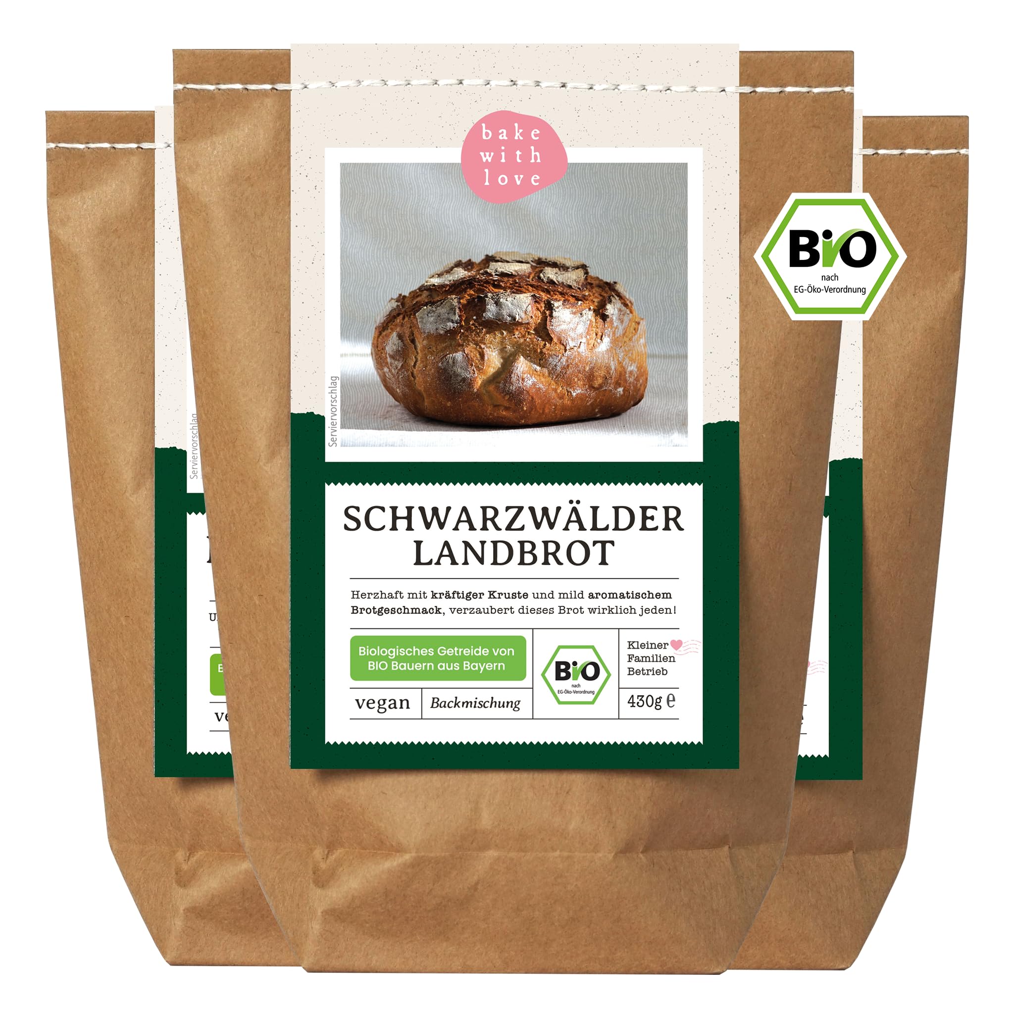 Bio Schwarzwälder Landbrot Brot Backmischung - Brotbackmischung für rustikales Brot - auch für Brotbackautomat geeignet - Bake with Love - (3er Pack)