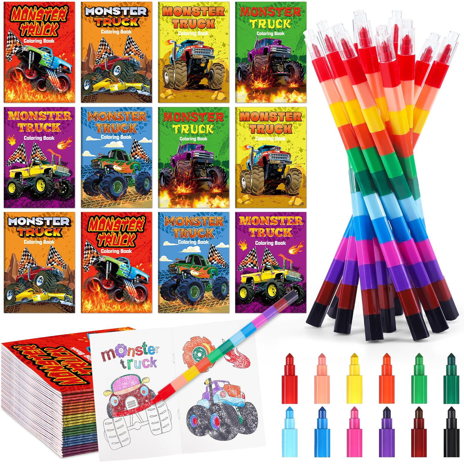 12Pcs Monster Truck Party Favors Coloring Books with 12Pcs Stacking Crayons, Machines Jam Birthday Favors Books for Kids Boys Gifts Classroom Supplies