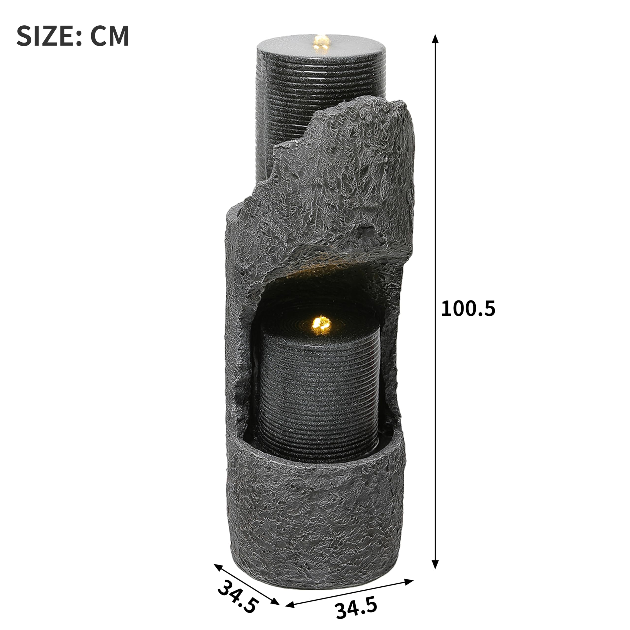 Fontaine de jardin avec éclairage LED, env. 34,5 x 34,5 x 100,5 cm, fontaine de jardin avec revêtement extérieur en pierre artificielle, fontaine d’intérieur, jeu d’eau pour jardin et terrasse