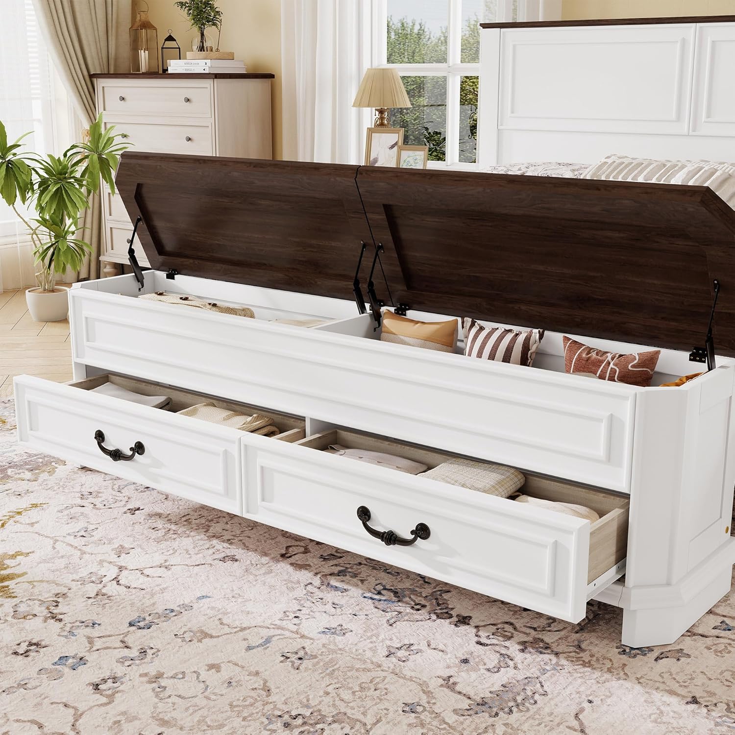 Ball & Cast Farmhouse Queen Size Bed Frame with Tall Headboard and Storage Bench,Wood Platform Bed Frame Queen Size with with Storage Footboard & 2 Large Storage Drawers, No Box Spring Needed,White