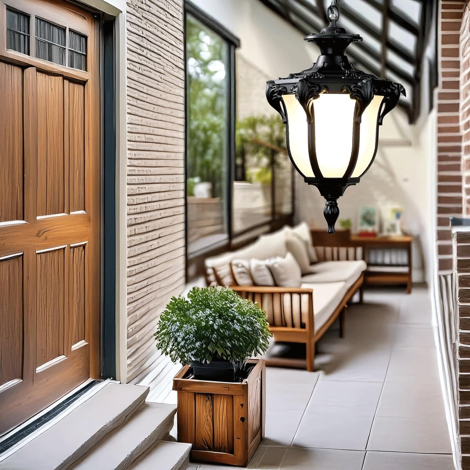 Outdoor European Vintage Pendant Light, Classic Waterproof Hanging Lamp, Modern Exterior Chandelier with Glass Shade, Adjustable Chain for Villa, Patio, Porch, Balcony, Gazebo(Black,Medium)