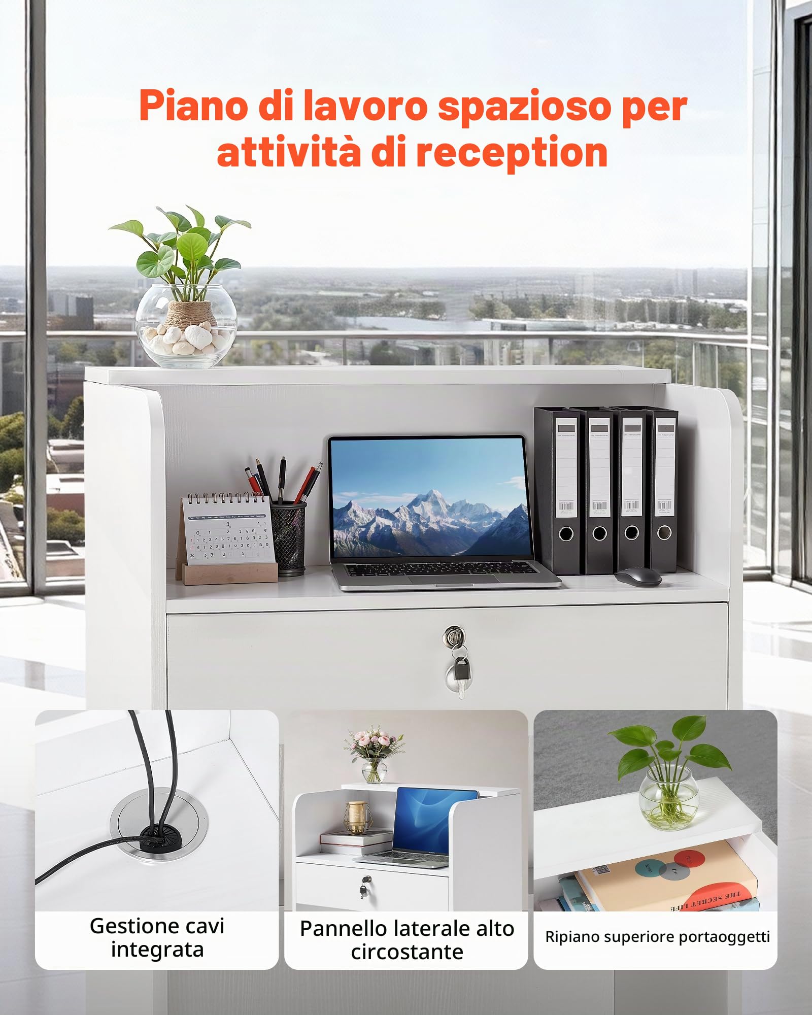 VEVOR Bancone Reception per Negozio Lungo 60 cm Rettangolare con Cassetto Chiudibile a Chiave, Moderno per Cassiere, Hall, Salone di Bellezza, Ufficio, Hotel, Bancone Anteriore, Truciolato