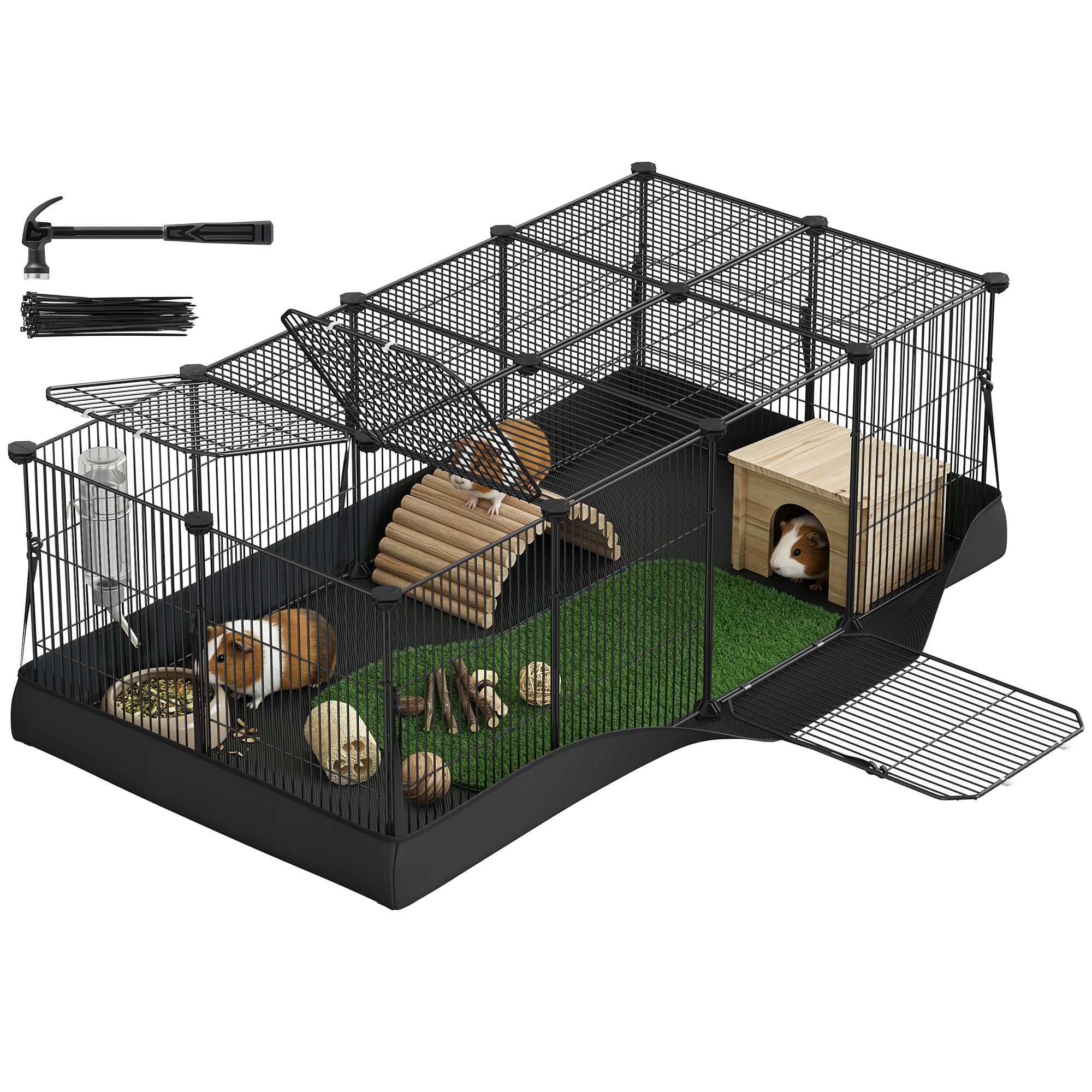 SONGMICS Enclos pour Petits Animaux, Parc Enclos, Tapis Imperméable, Double Porte, pour Lapins, Cochons d’Inde, 20 Panneaux, 123 x 63 x 41,5 cm, Noir d'encre LPI012BH01
