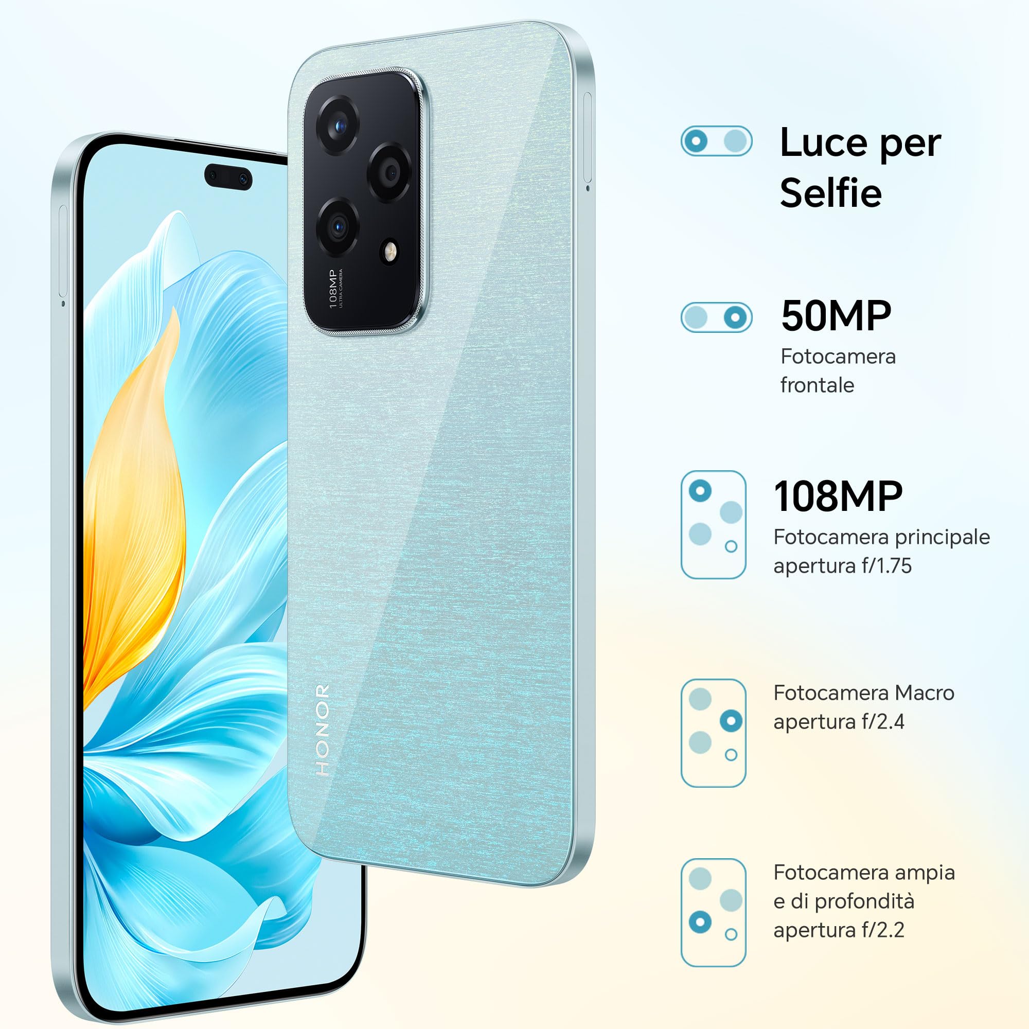 HONOR 200 Lite Smartphone 5G Dual SIM NFC, 8GB RAM 256GB Memoria, 6.7 pollici AMOLED Eye-Care Display telefono Android 14, 108MP+50MP, Capsula Magica, 4500 mAh, Starry Blue [Versione italiana]