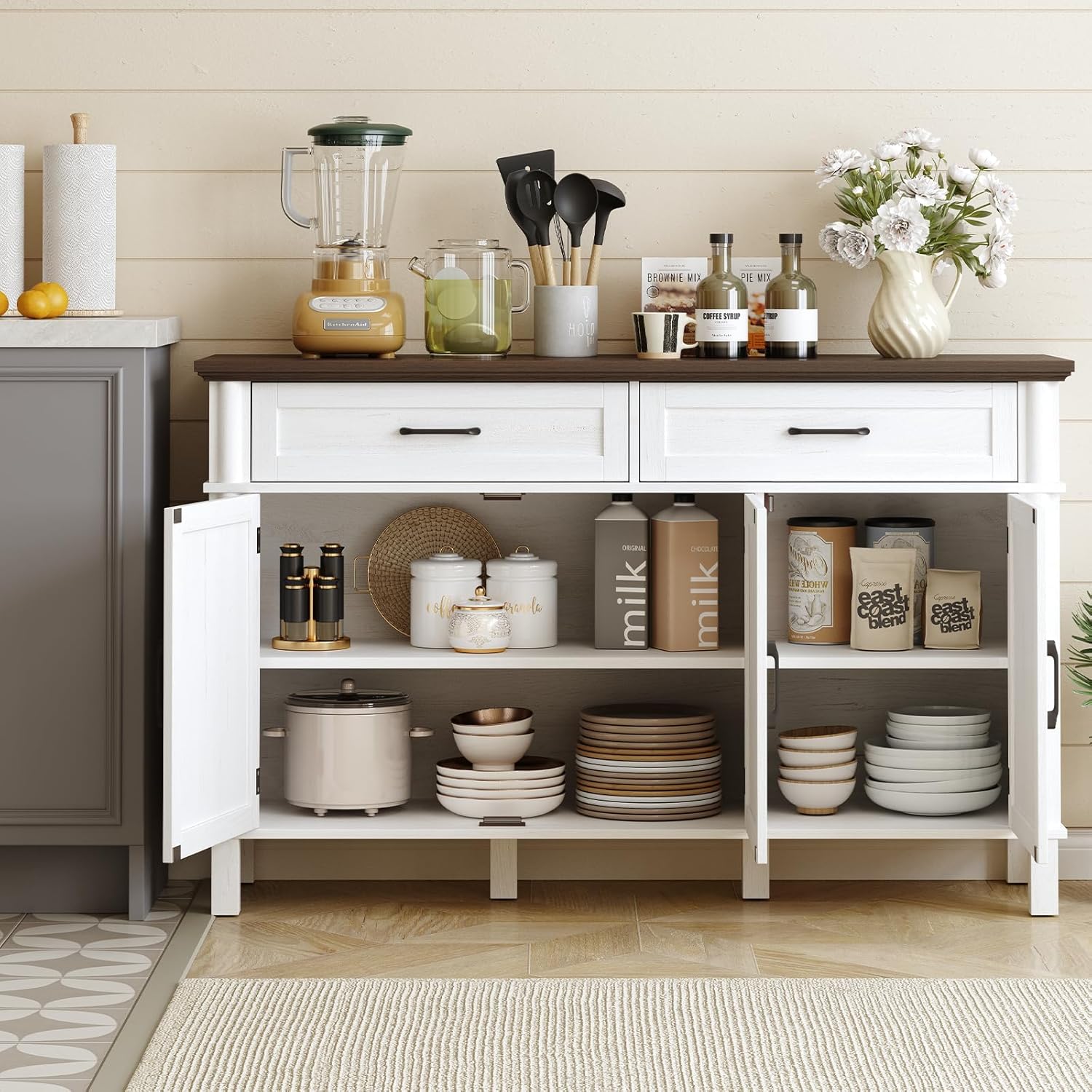 55 Inches Buffet Cabinet with Storage, Farmhouse Sideboard Buffet w/2 Drawers and 3 Doors, Wood Coffee Bar Cabinet with Adjustable Shelves, Sideboard Storage for Kitchen, Living Room, Off White