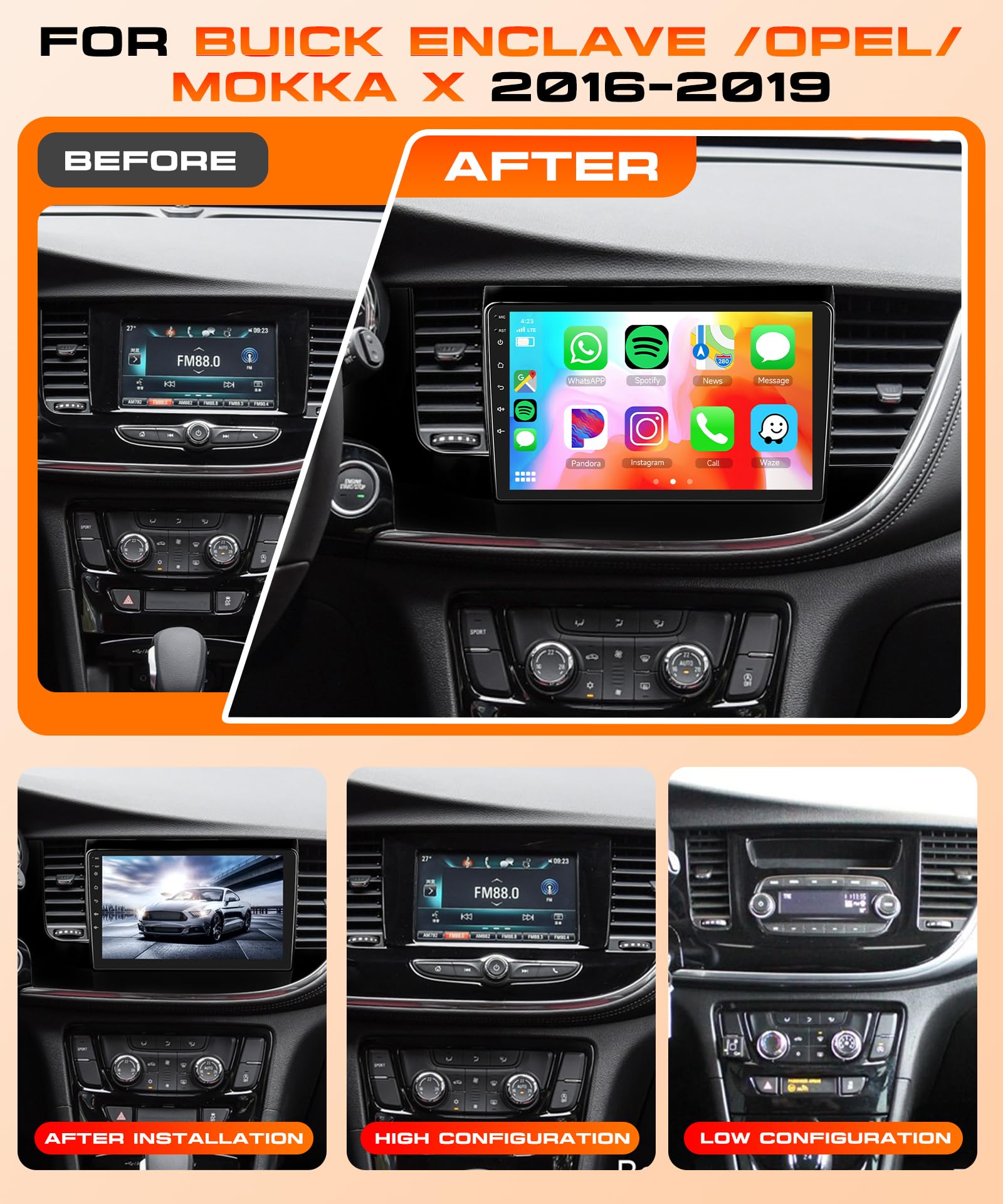 2G&64G 9" Autoradio per Buick Encore 2016-2018/Opel Mokka Vauxhall 2016-2019 con Carplay Android Auto Wireless,touchscreen Bluetooth RDS/FM Radio,Wi-Fi Navi/Telecamera posteriore AHD
