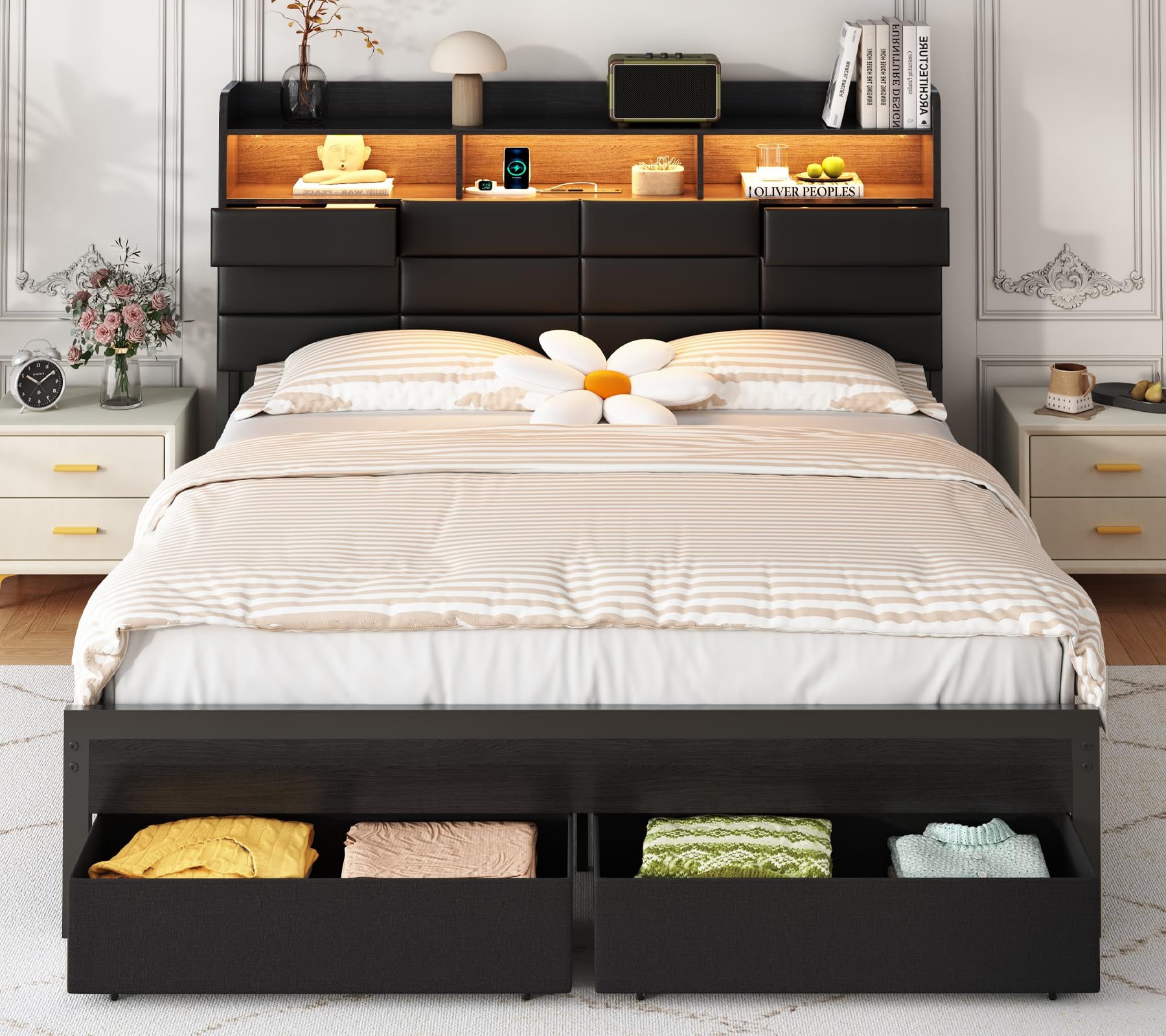 Full Bed Frame with Storage Headboard, Upholstered Black Bed Frame with 4 Drawers, LED Lights, and Charging Station, Heavy-Duty Metal Slats Support, Noise-Free