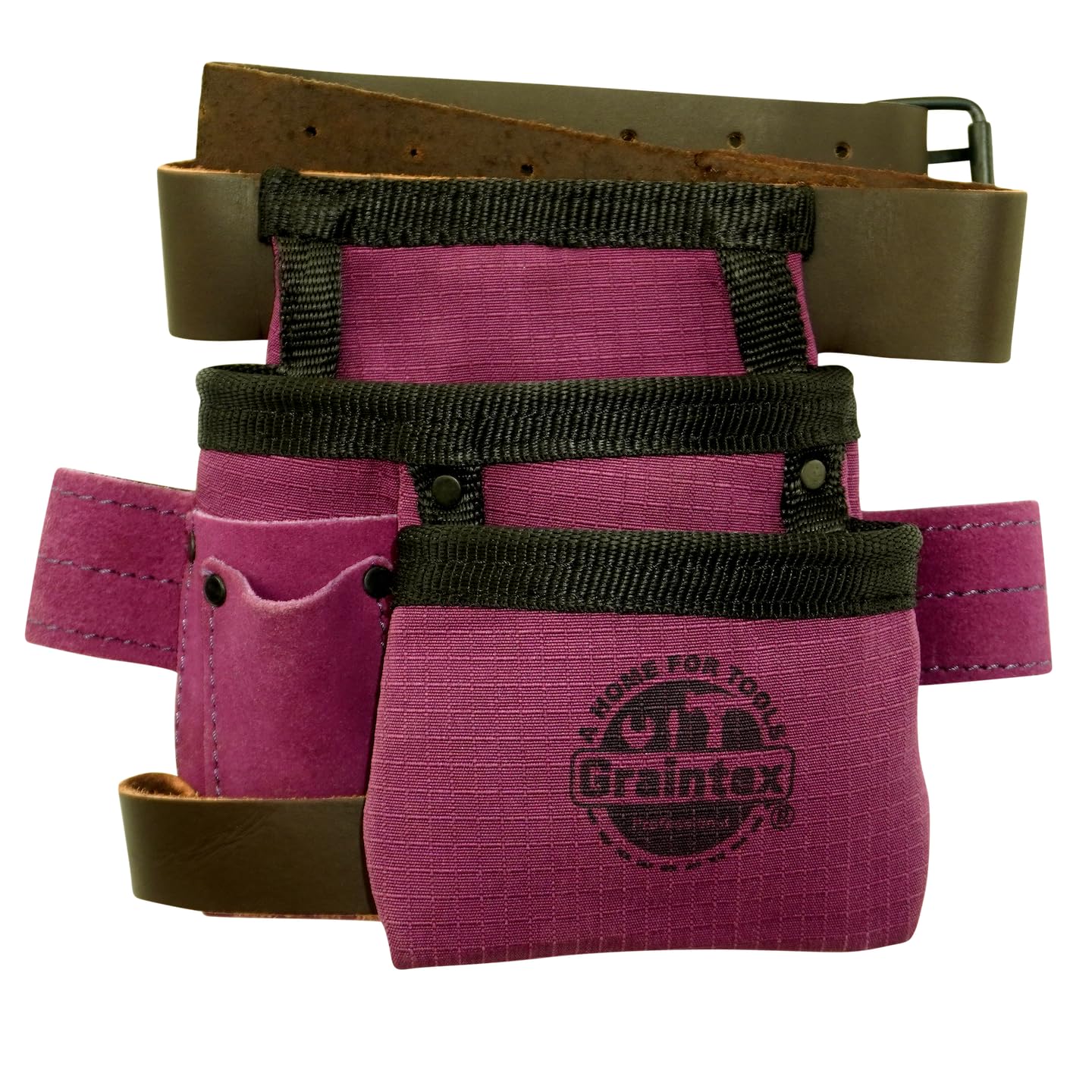 Graintex 4 Pocket Children Tool Pouch, Ripstop Canvas Double Layered, Leather Trims, Kid's Real Tool Bag, Boys and Girls Tool Belt for Home Improvement, 1.1/2" Leather Belt, Hammer Loop - Purple