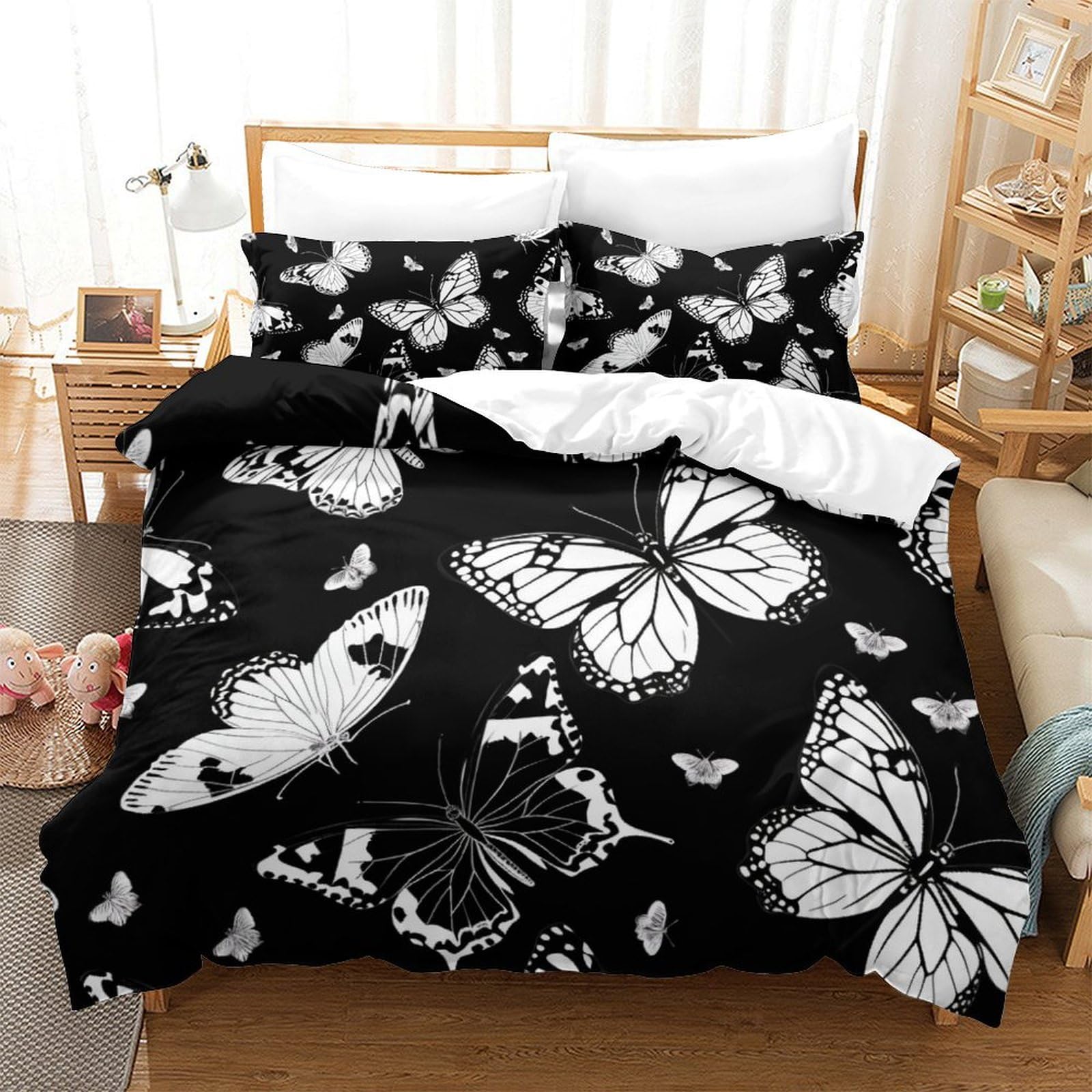 Housse de couette 3Pcs papillons 3D pour lit 260x220 cm avec taies d'oreiller zippées