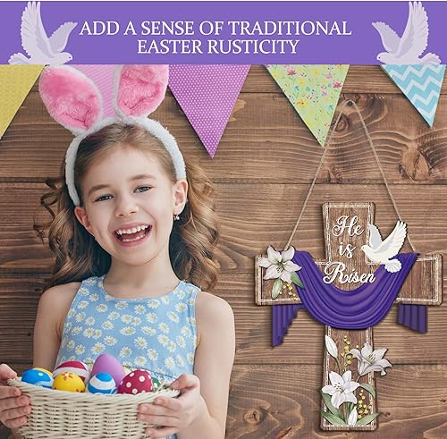 Miniatura 4 de Letrero de puerta con texto en inglés He is Risen de Pascua religiosa, decoración colgante de madera de lirio cristiano, decoración de Pascua de