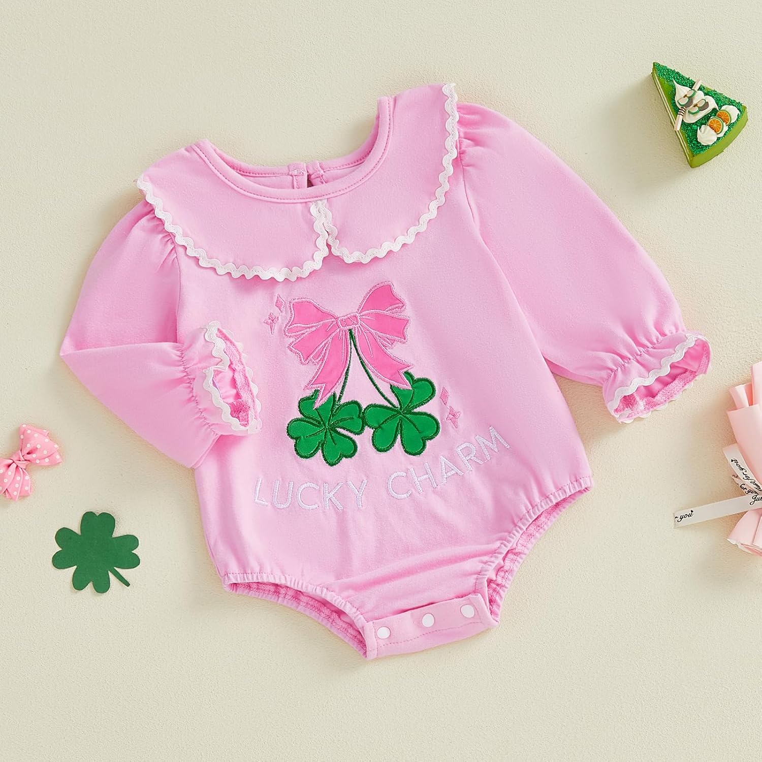 Newborn Baby Girls Halloween Outfit Pumpkin Bubble Romper Peter Pan Collar Ruffle Long Sleeve Bodysuit Clothes - Image 3