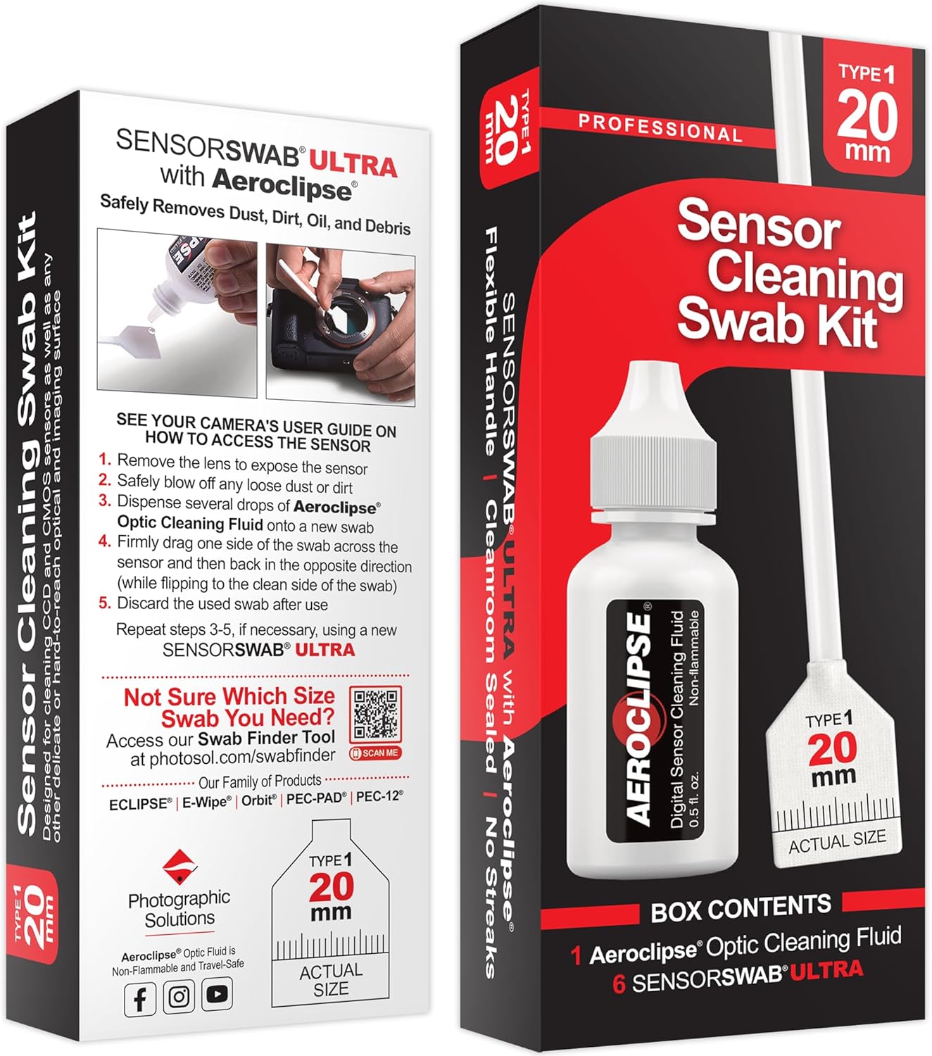 Sensor Cleaning Swab Kit - Aeroclipse Non-Flammable Optic Cleaning Solution (0.5oz/15ml) + Type-1 Sensor Swab Ultra 20mm (Pack of 6) - for APS-H CMOS and CCD Sensors - Dust & Oil Remover