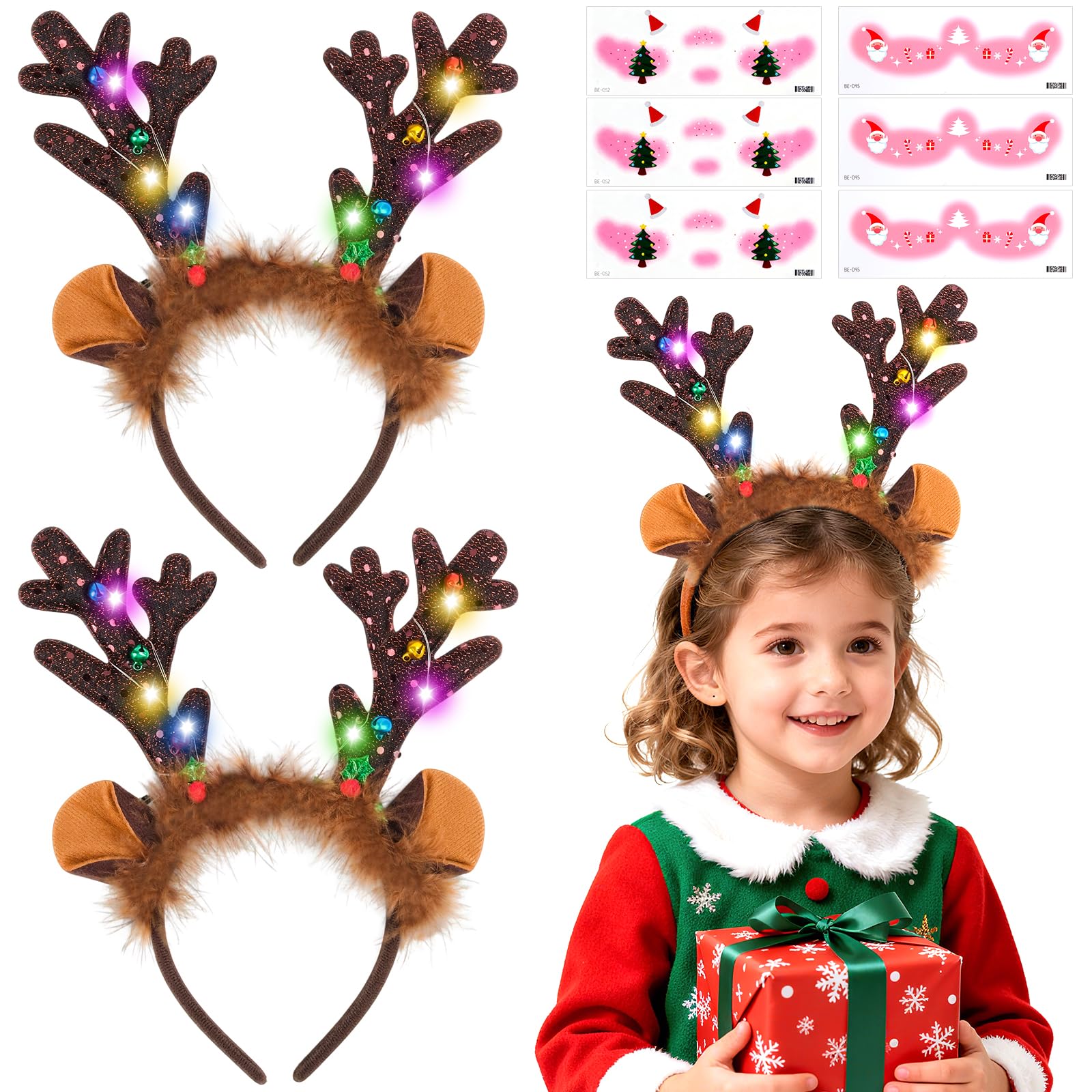2 Diadema Navidad, Diademas Navideñas con Luces Set Incluye 2 Pegatinas de Rubor, Diadema Reno Navidad, Diademas Navideñas con Cascabeles Apto para Niños y Adultos