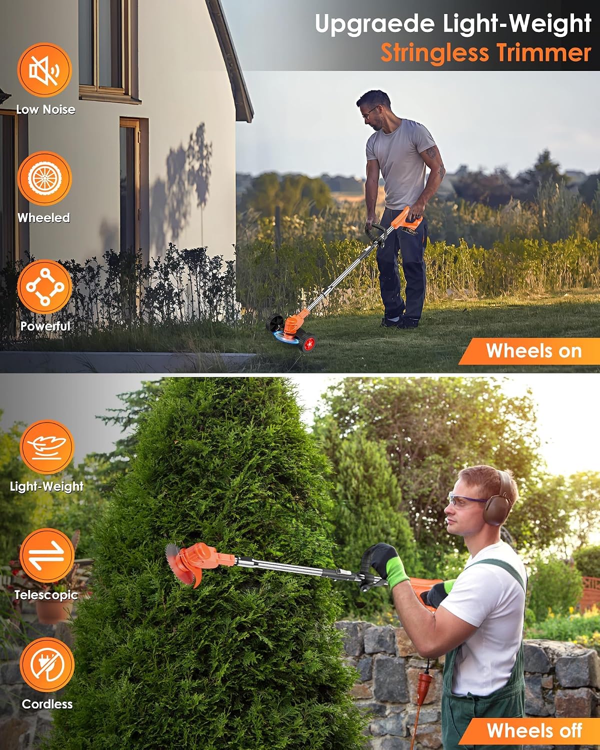21V Cordless Weed Wacker, Lightweight Trimmer with 2 2.0Ah Battery, Electric Weed Eater Battery Powered, 3 in 1 Grass Trimmer/Brush Cutter/Edger Lawn Mower with 2 Types Blades & Wheels for Garden Yard