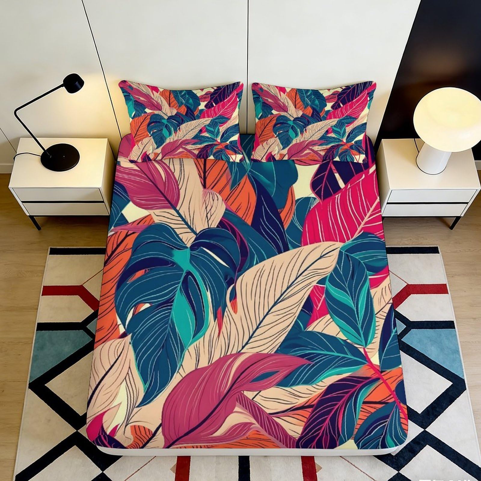 3D Printed Tropical Leaf Fitted Sheet Microfiber Soft Breathable Jungle Botanical Mattress Cover for Bedroom Dorm Decor 140x200x25cm