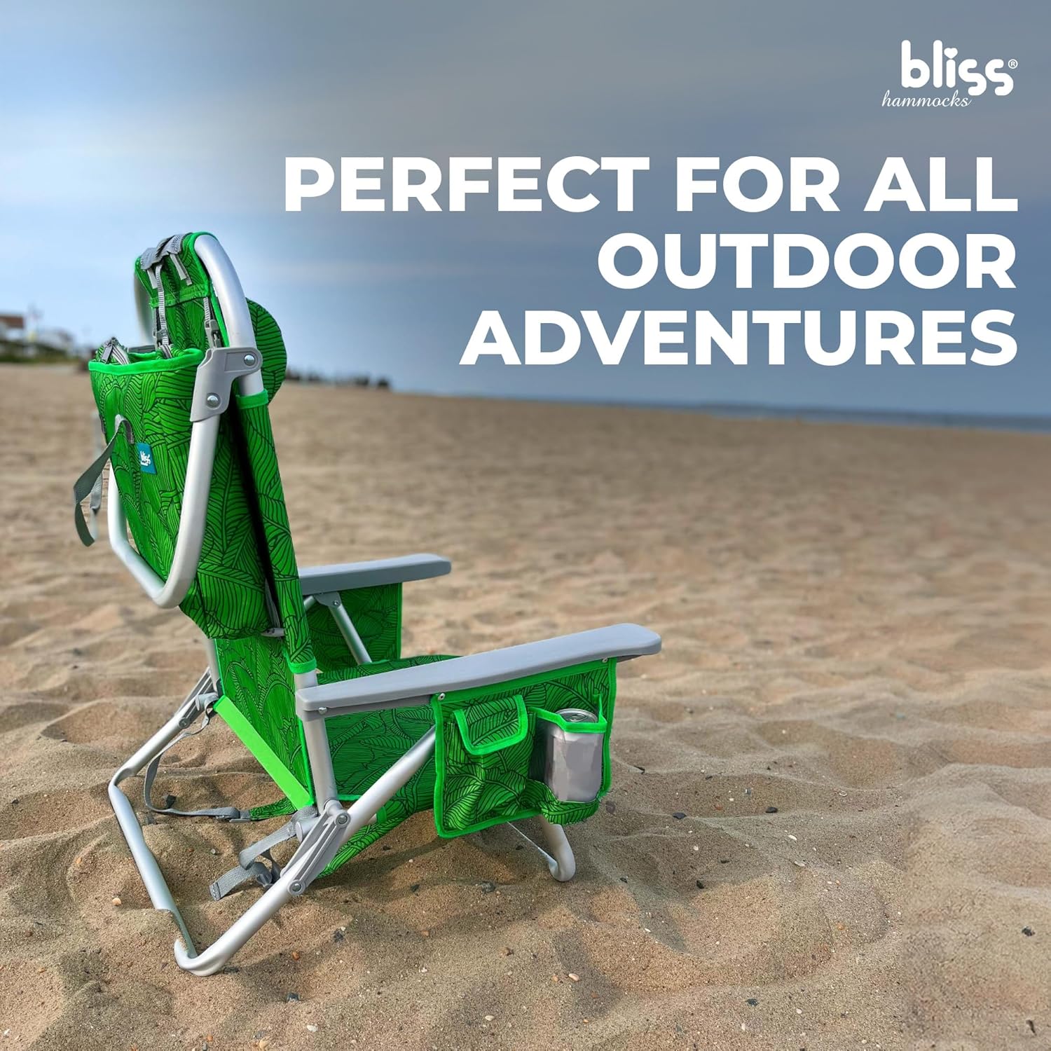 Bliss Hammocks Folding Beach Chair Recliner with 8 Reclining Positions and Detachable Cooler Bag, Banana Leaves