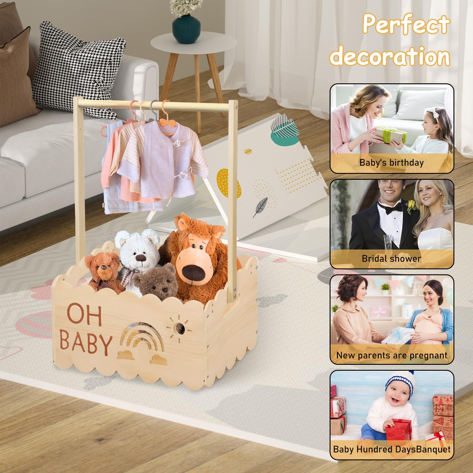 Panier Cadeau en Bois pour Bébé, 34x23x51cm Panier Cadeau pour Bébé avec Poignée, Coffre en Bois pour Fête Prénatale avec Poignée et 8 Cintres, Armoire pour Anniversaires, Fêtes Prénatales, Noël