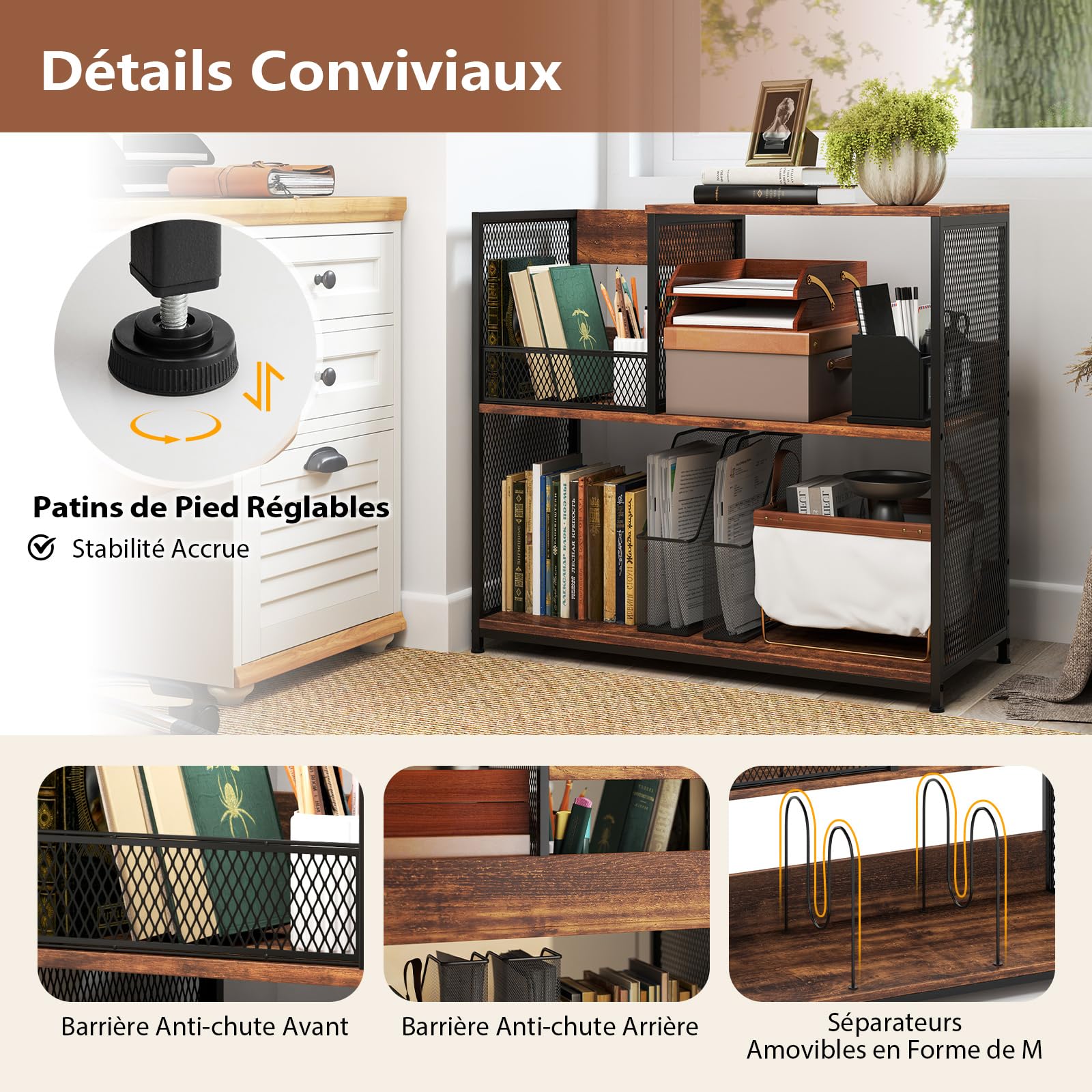 COSTWAY Rangement Platine Vinyle 3 Niveaux pour CD/DVD, Meuble Disque Vinyle jusqu'à 300 Albums, Support de Tourne-Disque avec 3 Diviseurs Amovibles, Cadre en Métal, Marron Rustique (Marron Rustique)