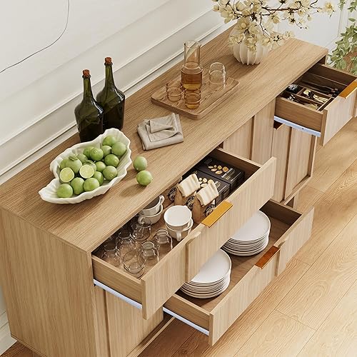 Miniatura 6 de Aparador moderno con puertas geométricas 3D, armario de TV de 54 pulgadas con 4 puertas y 3 cajones, credenza de almacenamiento de buffet para sala