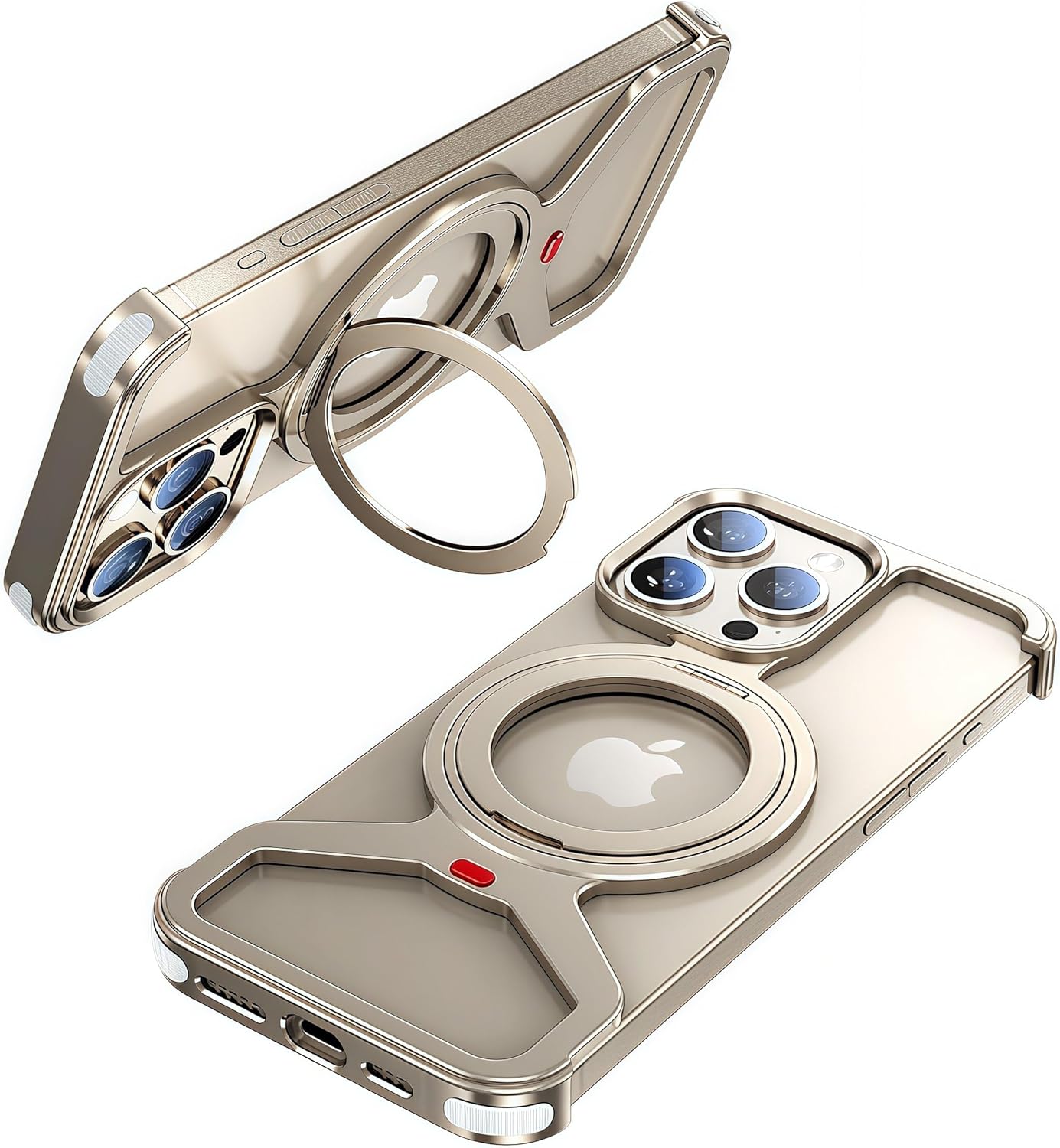 Fit for MagSafe iPhone 16 Pro Max Metal Frame Case, Military-Grade Shockproof Adjustable Metal Body. 360° Adjustable Ring Kickstand. Drop-Proof airbags. Metal Button. Gold.
