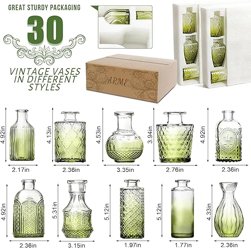Miniatura 2 de Arme Bud Vase Set of 30, Green Vases Glass Bud Vases in Bulk, Small Vases for Centerpieces Mini Flower Vase Set Cute Vintage Glass Vases Set for