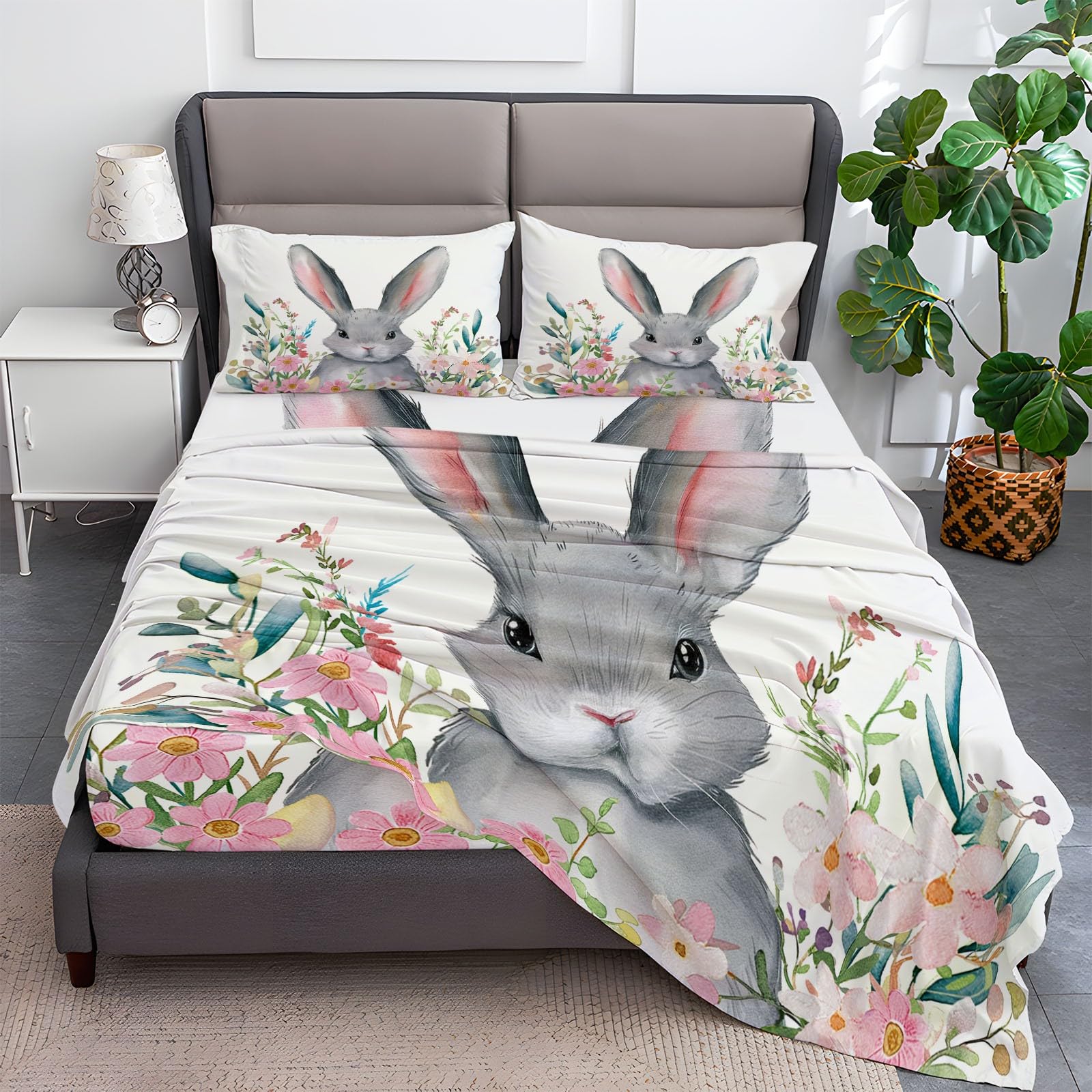 Fitted Sheet Full Size Bedding Set for Kids Girls Women Men Room Decor, Soft Microfiber & Deep Pocket & Wrinkle Free Watercolor Cute Rabbit Bedding Sheets, Grey