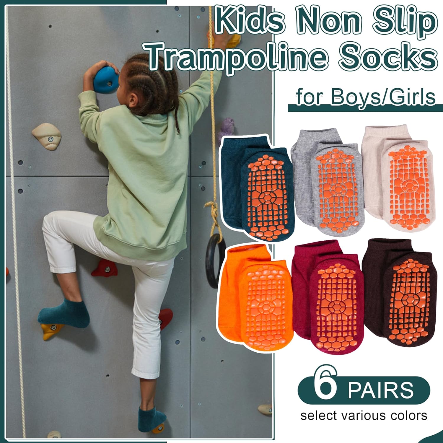Kids Non Slip Trampoline Socks 6 Pairs, Kids Grip Ankle Socks, Athletic Sock for Boys Girls 2-5/6-9/10-13 Years - Image 5