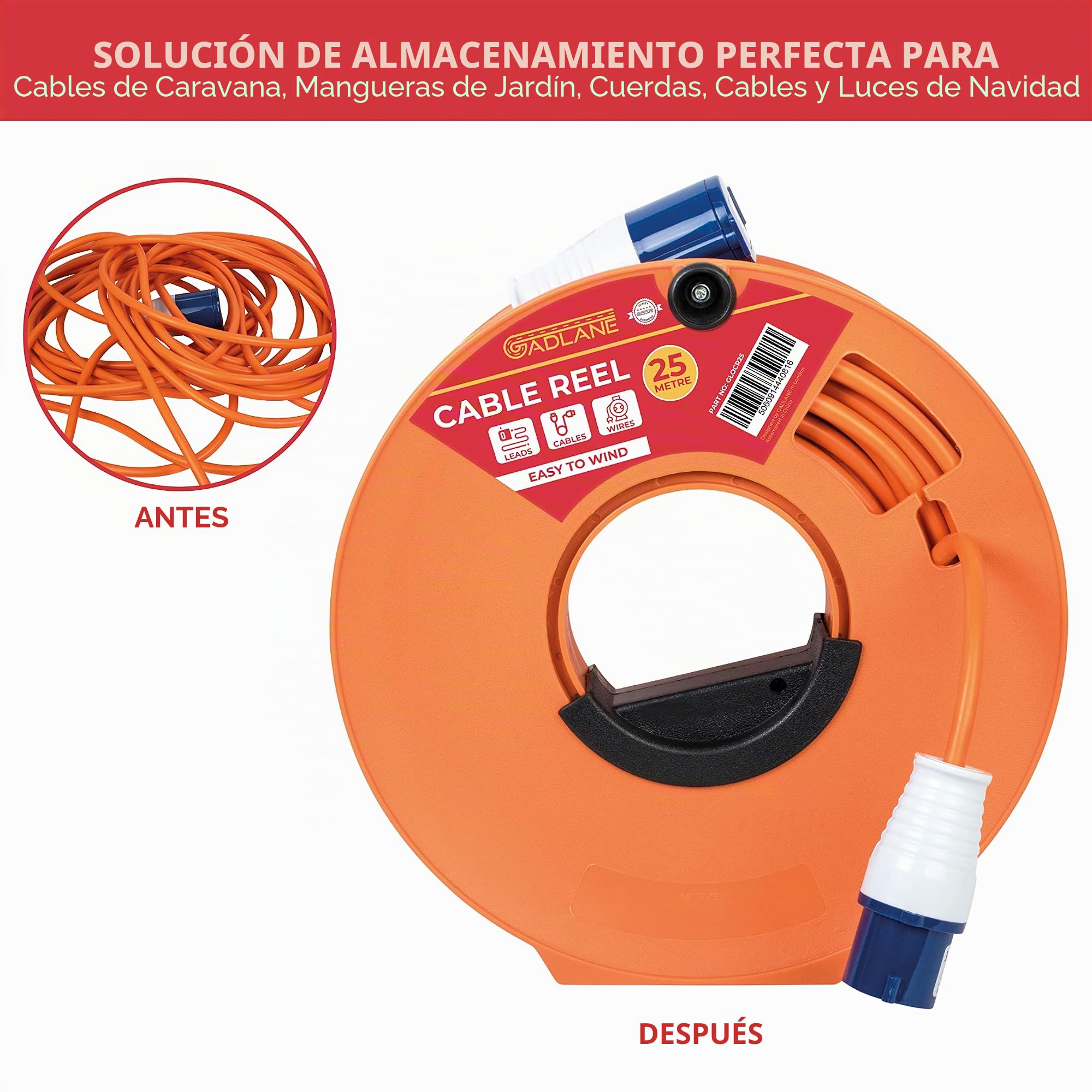 GADLANE Enrollador de Cable Vacío de 25 m - Almacenamiento de Alargadera 25 Metros para Acampar, Carrete de Manguera de Jardín, Cuerda de Malla de Alambre, Enrollador Cable de Fácil Cuerda - Naranja