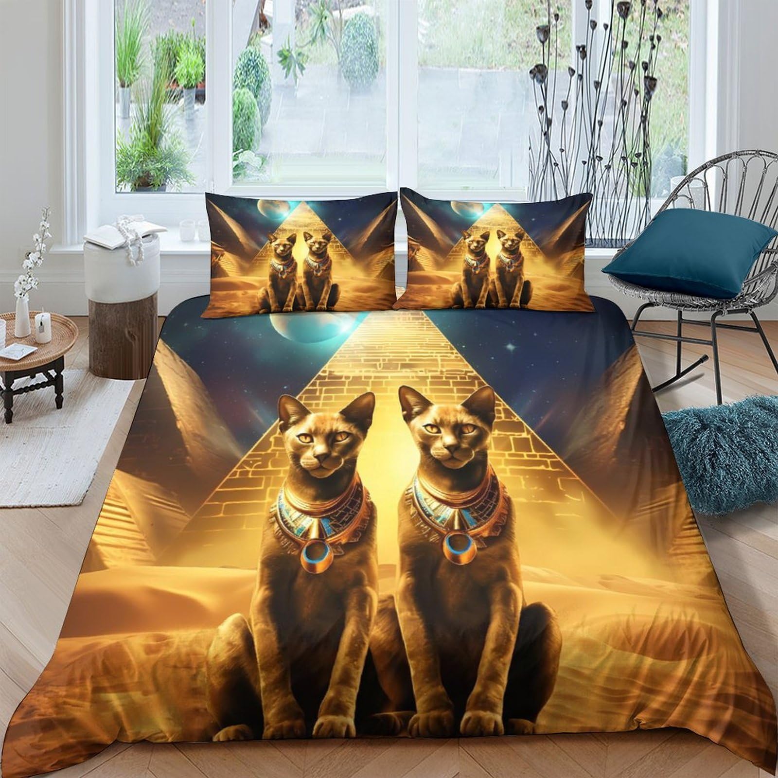 Ctjqhvkz Style-1 3D Printed Egyptian Cat Fitted Sheet Microfiber Soft Gold Pyramid Bed Cover Anti-Slip Bedroom Decor Easy Care Single（135X200cm）