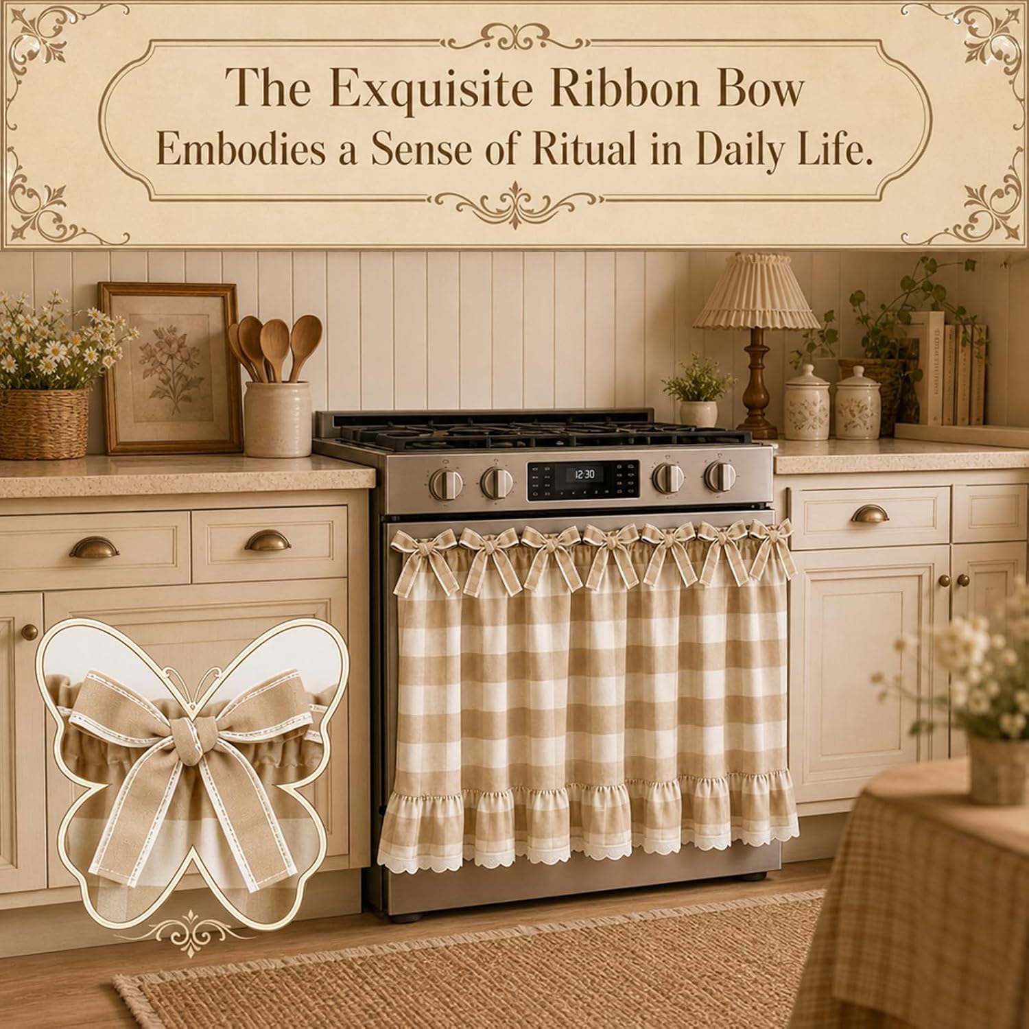 Handmade Oven Skirt Curtain Dishwasher Hidden Curtain Tie Top Ruffles and Ribbon Heat-Resistant Meadow Skirt Farmhouse for Stove Door Kitchen (Black and White Plaid)