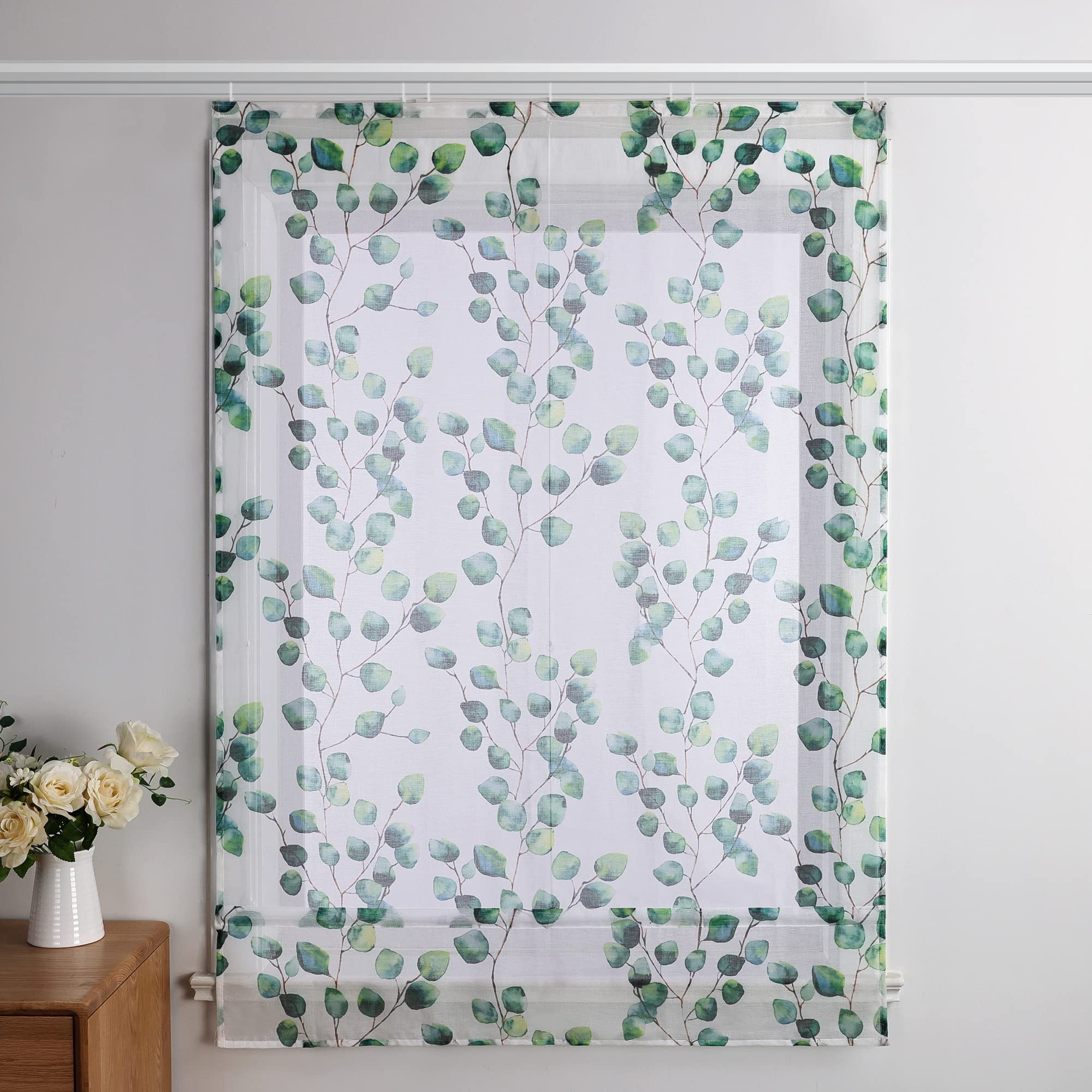 Raffrollo Leinenoptik mit Klettband Küche Raffgardine Blätter-Druck Fenster Bändchenrollo Transparenter Kurz Vorhang Landhausstil B/H 140/140 cm Grün