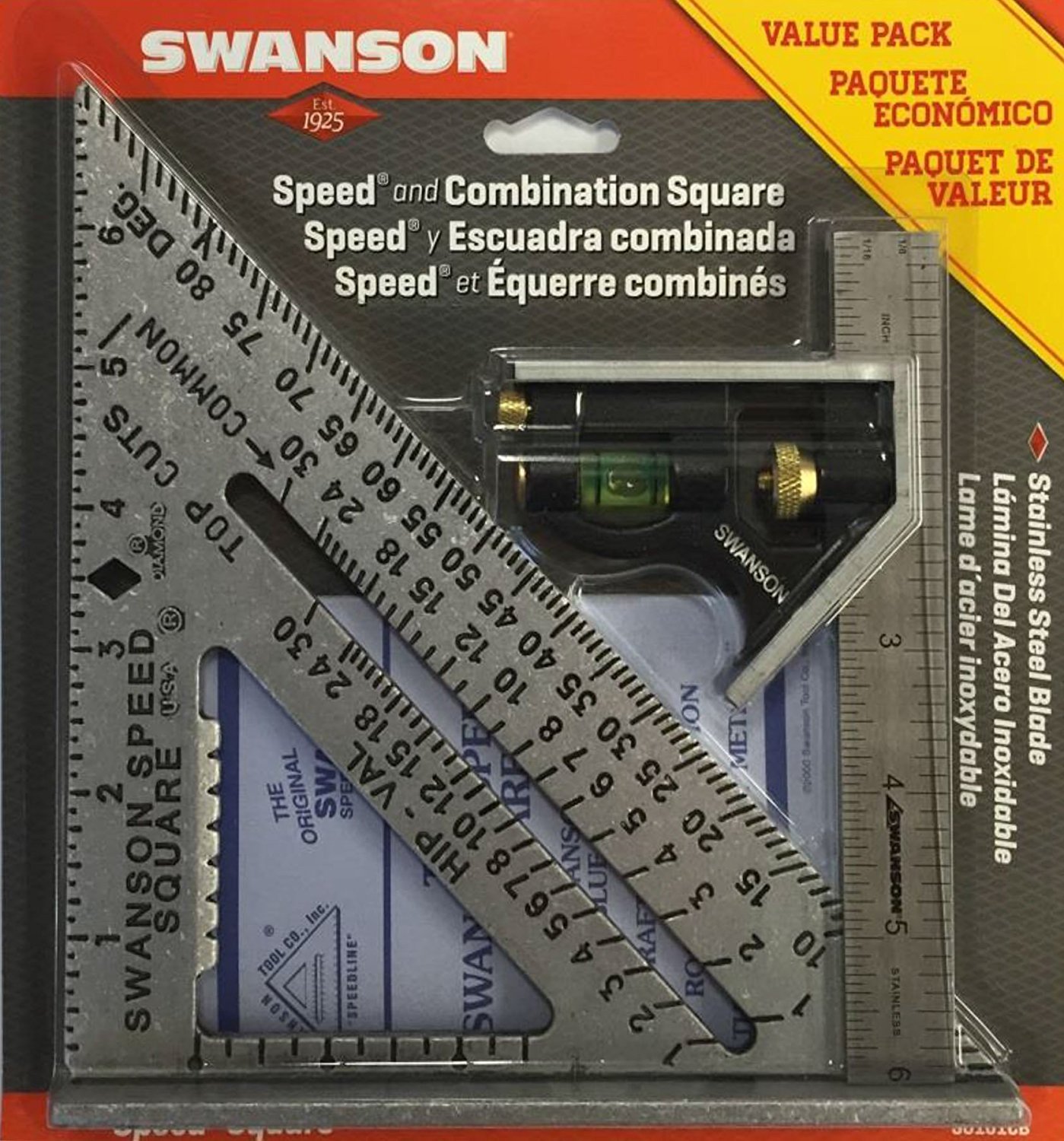 Swanson Tool Co S0101CB Speed Square narzędzie do układu z niebieską książką i kombinacją kwadratu, zestaw wartości
