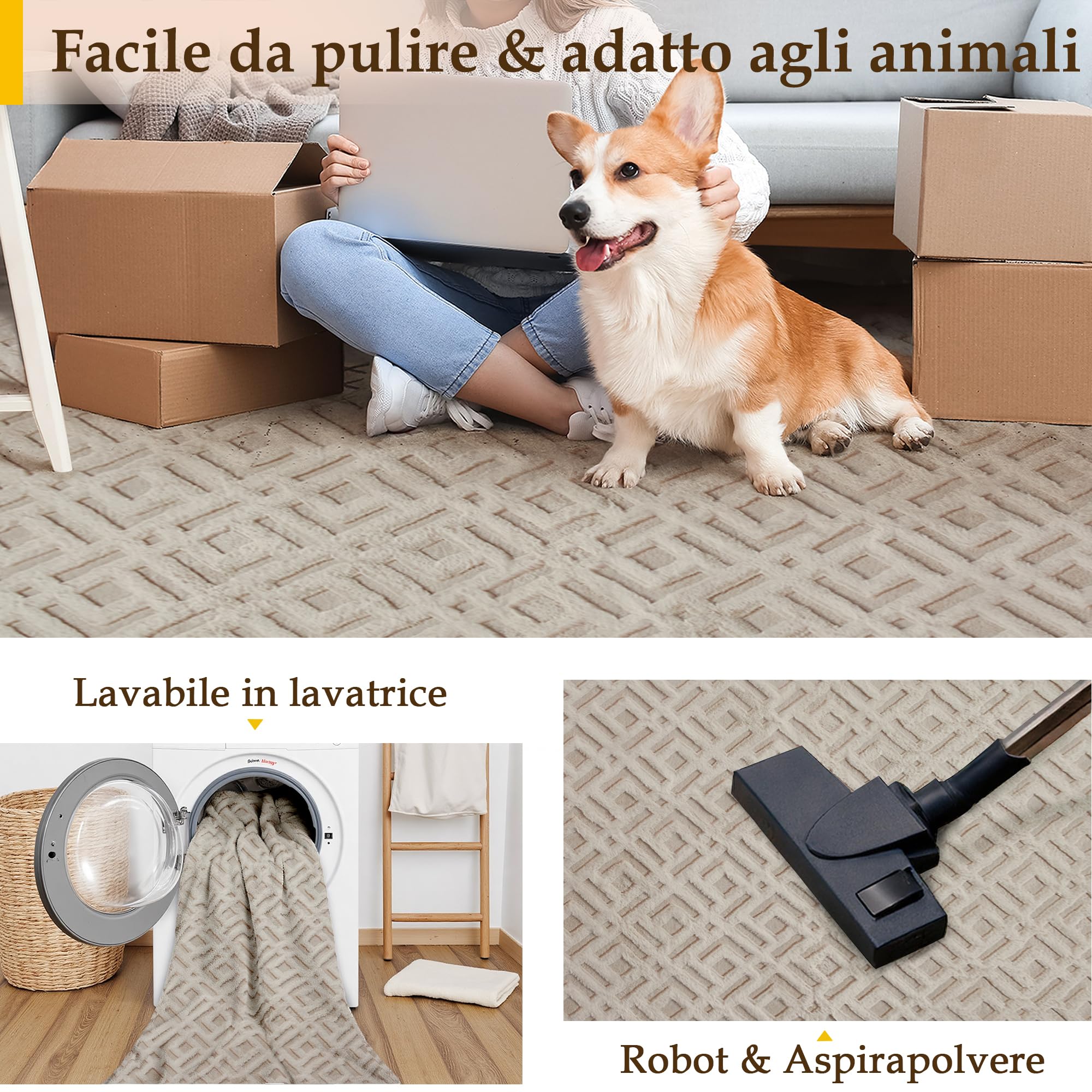 PureCozy Tappeto Salotto 160x230cm Beige Antiscivolo Lavabile Camera da Letto Grande Tappeti Moderno 3D Geometrico Carpet Sala Soggiorno Cameretta Bambino Ufficio Pelo Corto Rug