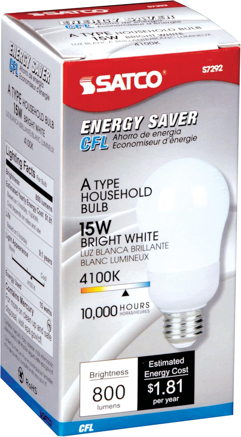 Satco S7292 15-Watt Energy Star Rated Medium Base A-Type Bulb 4100K 120V Equivalent to 60-Watt Incandescent Lamp