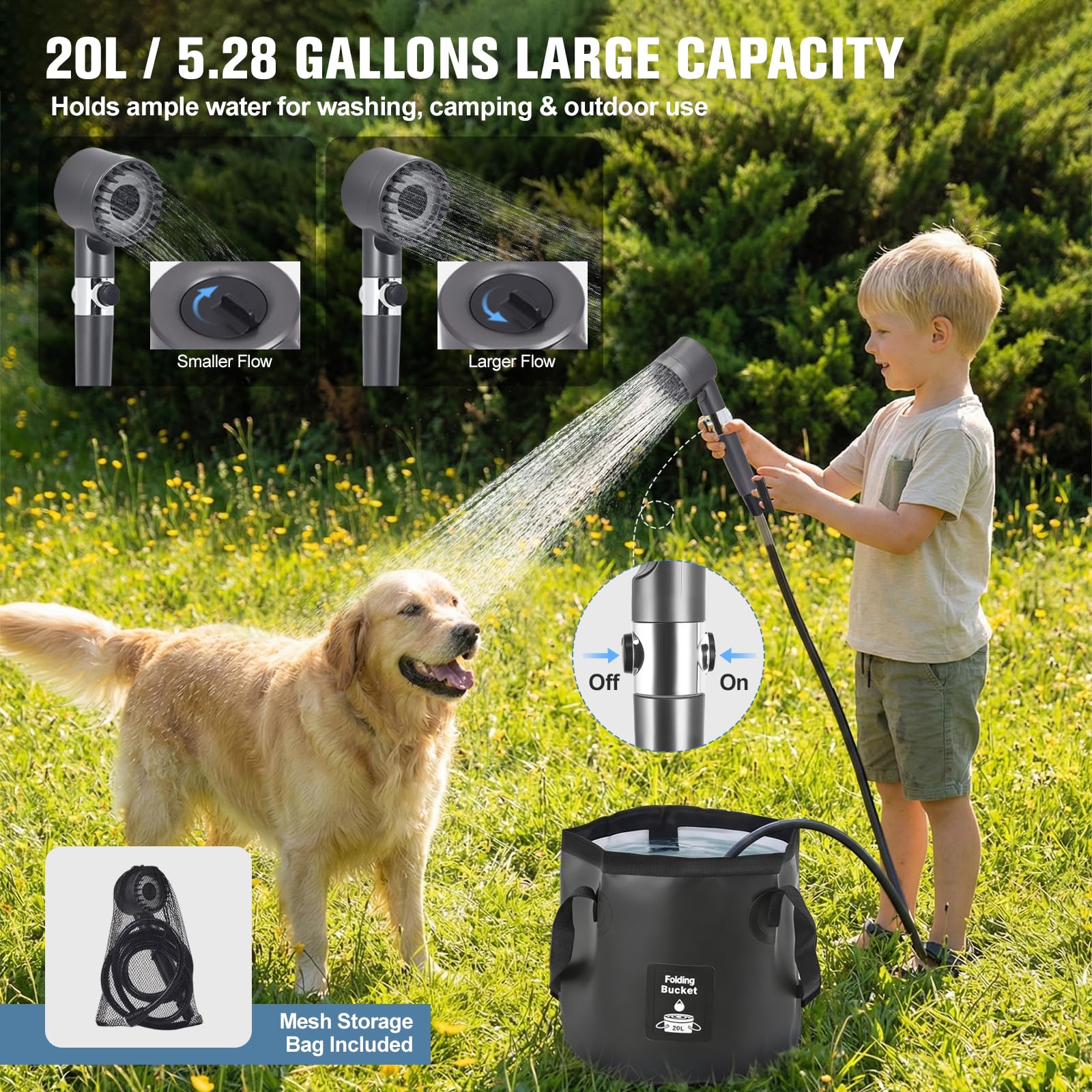 Doccia da campeggio ricaricabile | 8000 mAh | Display digitale | Serbatoio dell'acqua pieghevole da 20 l, Mobile Camping Doccia con filtro dell'acqua e spazzola, IPX8 impermeabile per campeggio