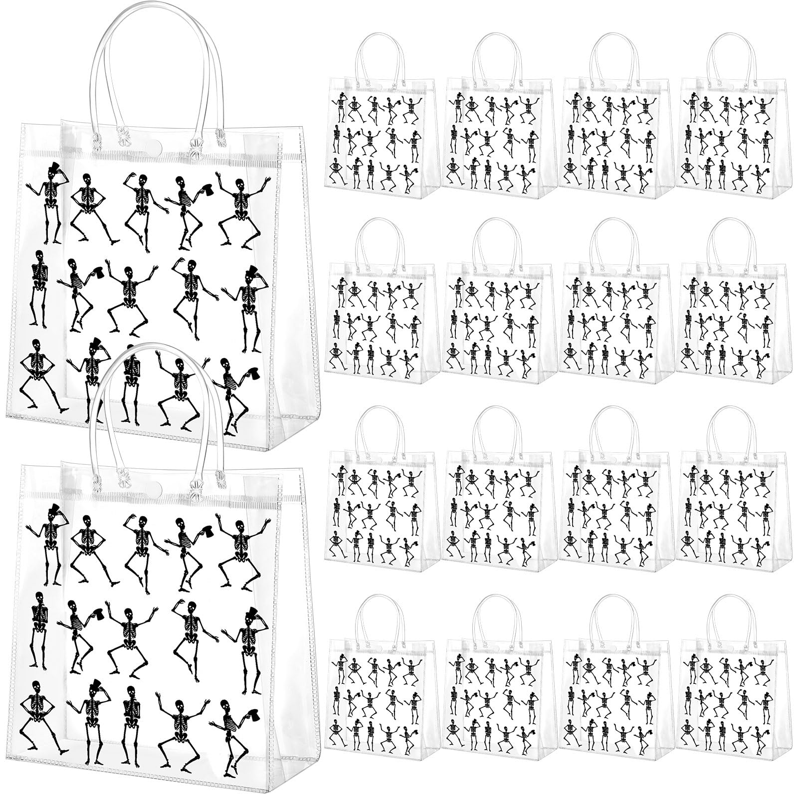 Resholder 24 Pcs Halloween Clear Gift Bags Skeleton Plastic Bags with Handles Funny Gothic Skull Treat Bag for Trick or Treat Party Favor Halloween Day of The Dead Party Supplies, 8 x 8 x 3.15 Inch