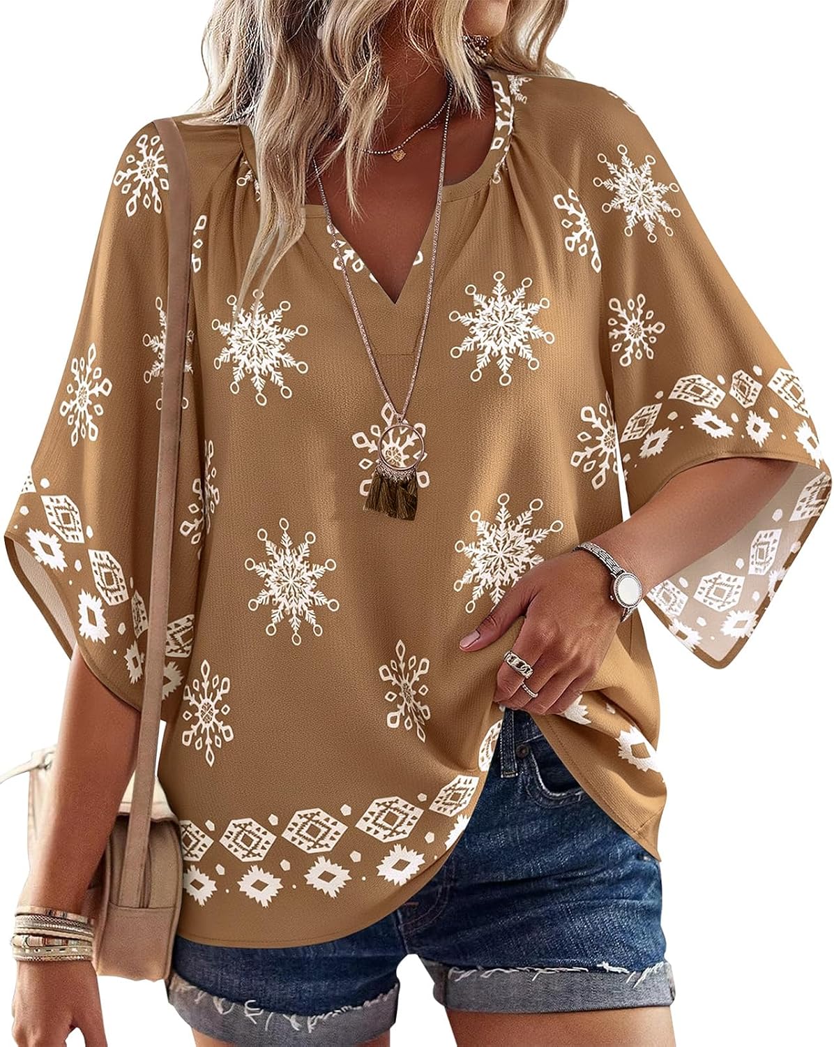 SimpleFun Womens 3/4 length Sleeve Boho Tops V Neck Summer Peasant Blouses Loose Fit Tunic Shirt Vacation Outfits
