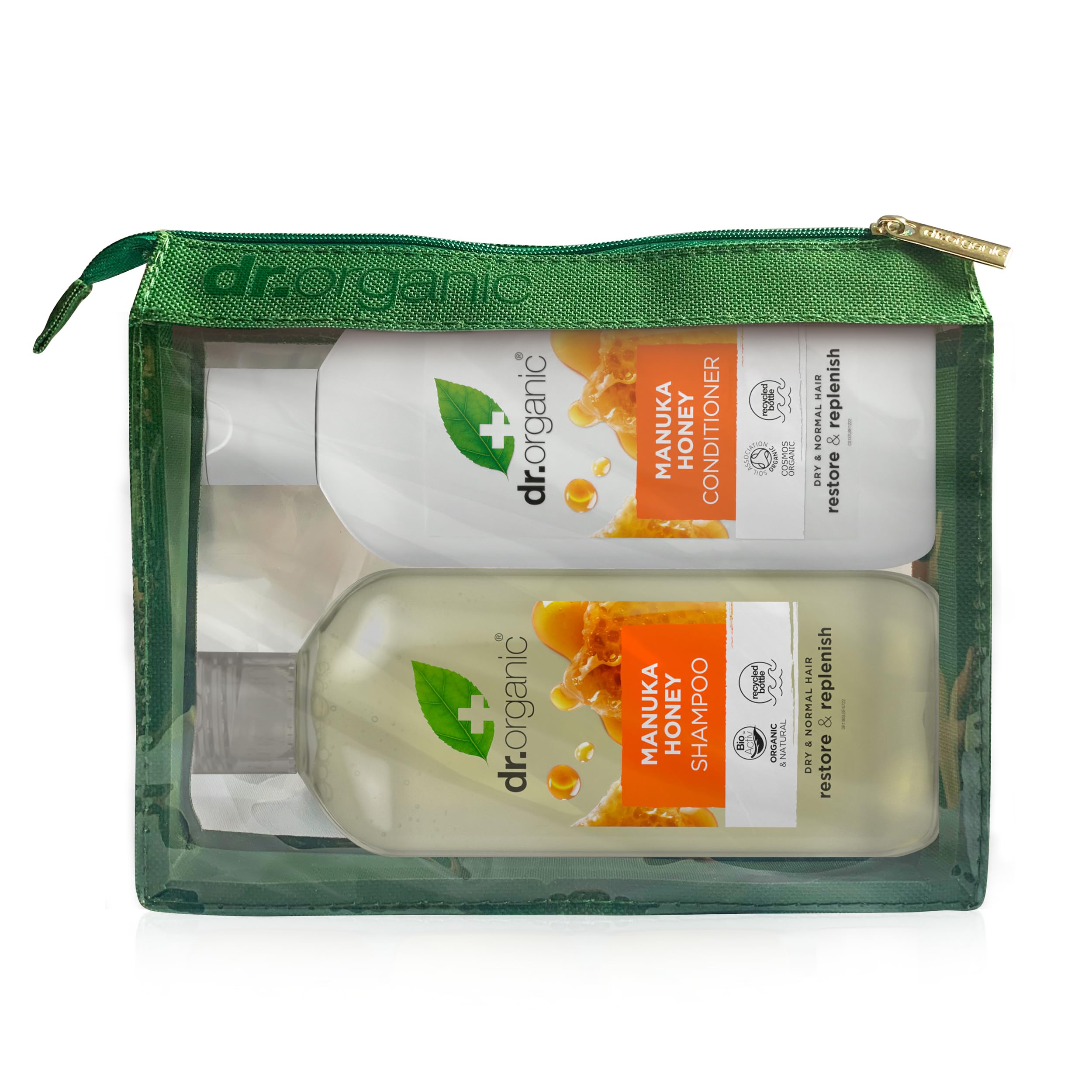 Dr Organic Manuka Honey zestaw szamponów i odżywek z torbą podróżną, regenerujące, suche włosy, naturalne, wegetariańskie, wolne od okrucieństwa, bez parabenów i SLS, nadające się do recyklingu i