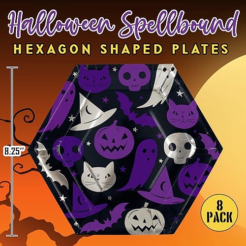 Miniatura 3 de Unique Vajilla desechable de Halloween para 8 platos de cena y postre, 20 servilletas de almuerzo, decoraciones de papel negro y plateado