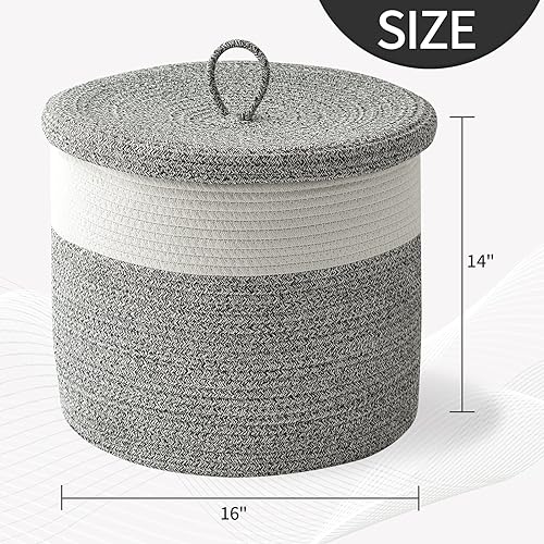 Miniatura 6 de Cesta para manta con tapa, 16 pulgadas de profundidad x 14 pulgadas de alto, canasta grande de cuerda tejida, cesta de almacenamiento de juguetes