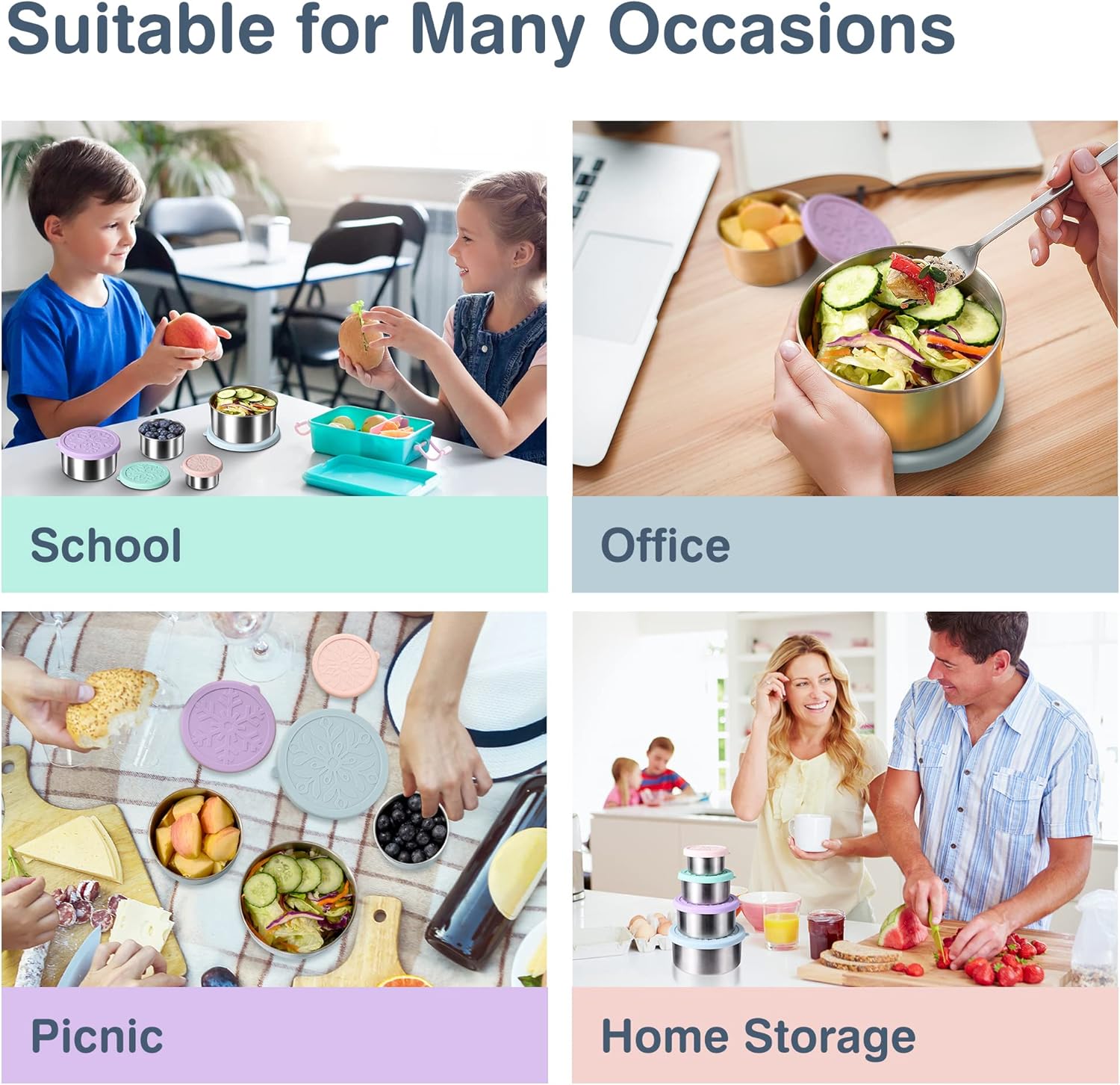 Stainless Steel Containers with Lids - Stackable Toddler Snack Containers, 18/8 Stainless Steel Lunch Box for Kids Adults, Leakproof Metal Food Storage Containers (4Pack: 3oz, 7oz, 13oz, 22oz) - Image 6