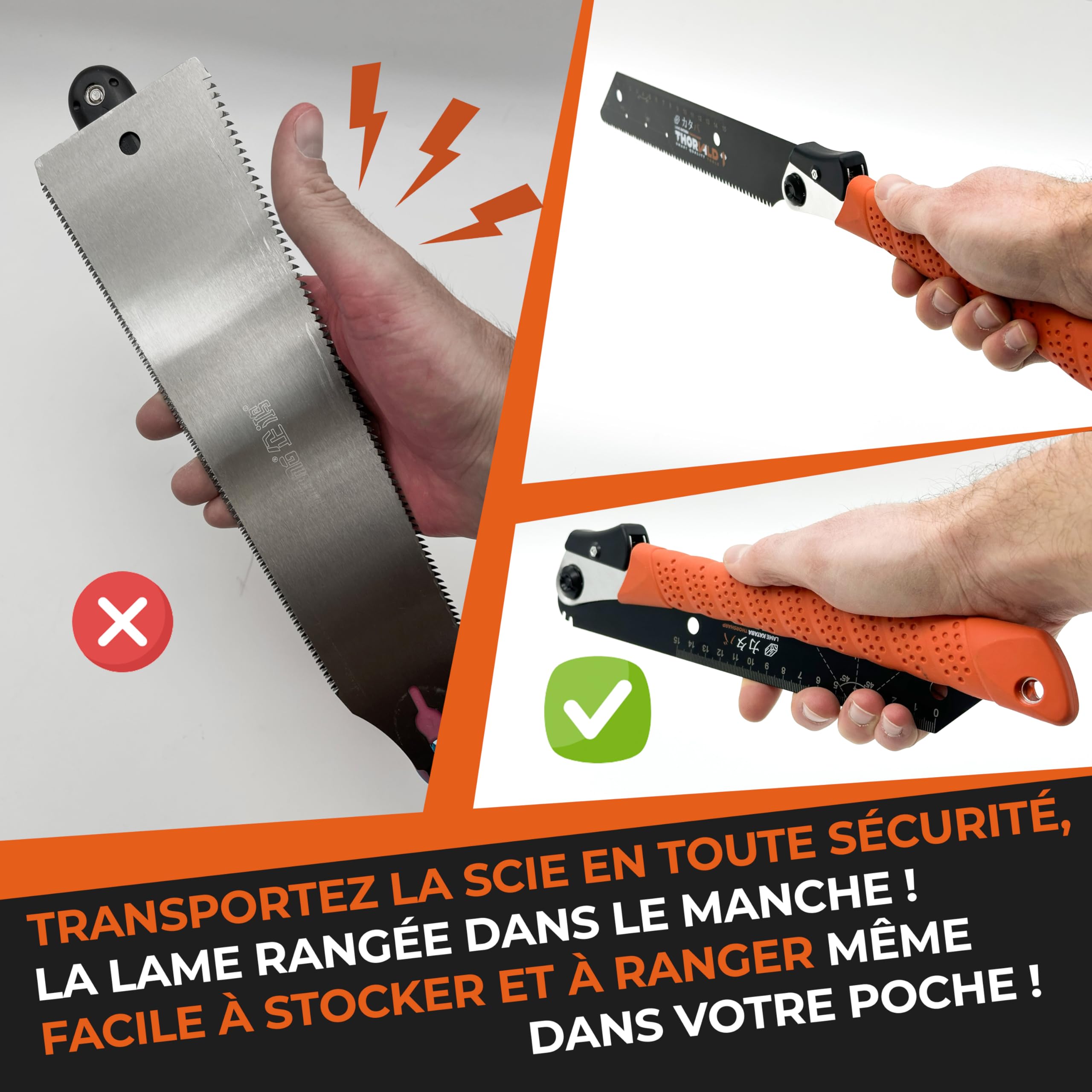THORVALD Scie Japonaise Menuisier Kataba Pliable - Lame 23cm Avec Règle 15 cm Compas et Equerres + Crayon Chantier + Protection - Idéale Bois Brut, Contrecollé, PVC. Souple et Résistante