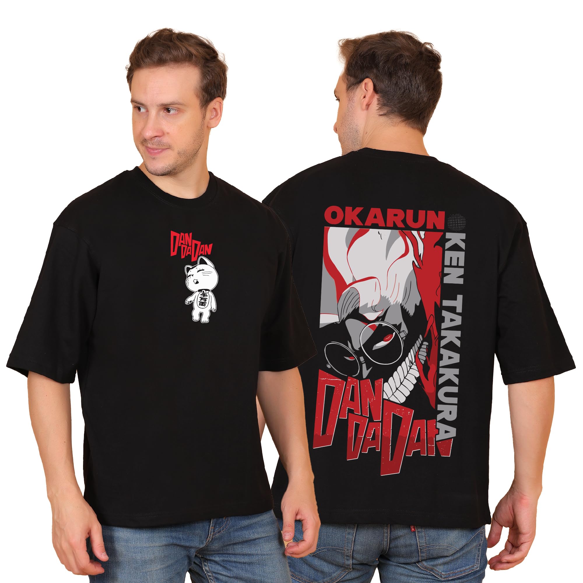 Okarun Oversized Black T-Shirt for Men and Women Dan Da Dan Drop Shoulder Unisex Baggy Loose Fit Ken Takakura Pure Cotton T-Shirts